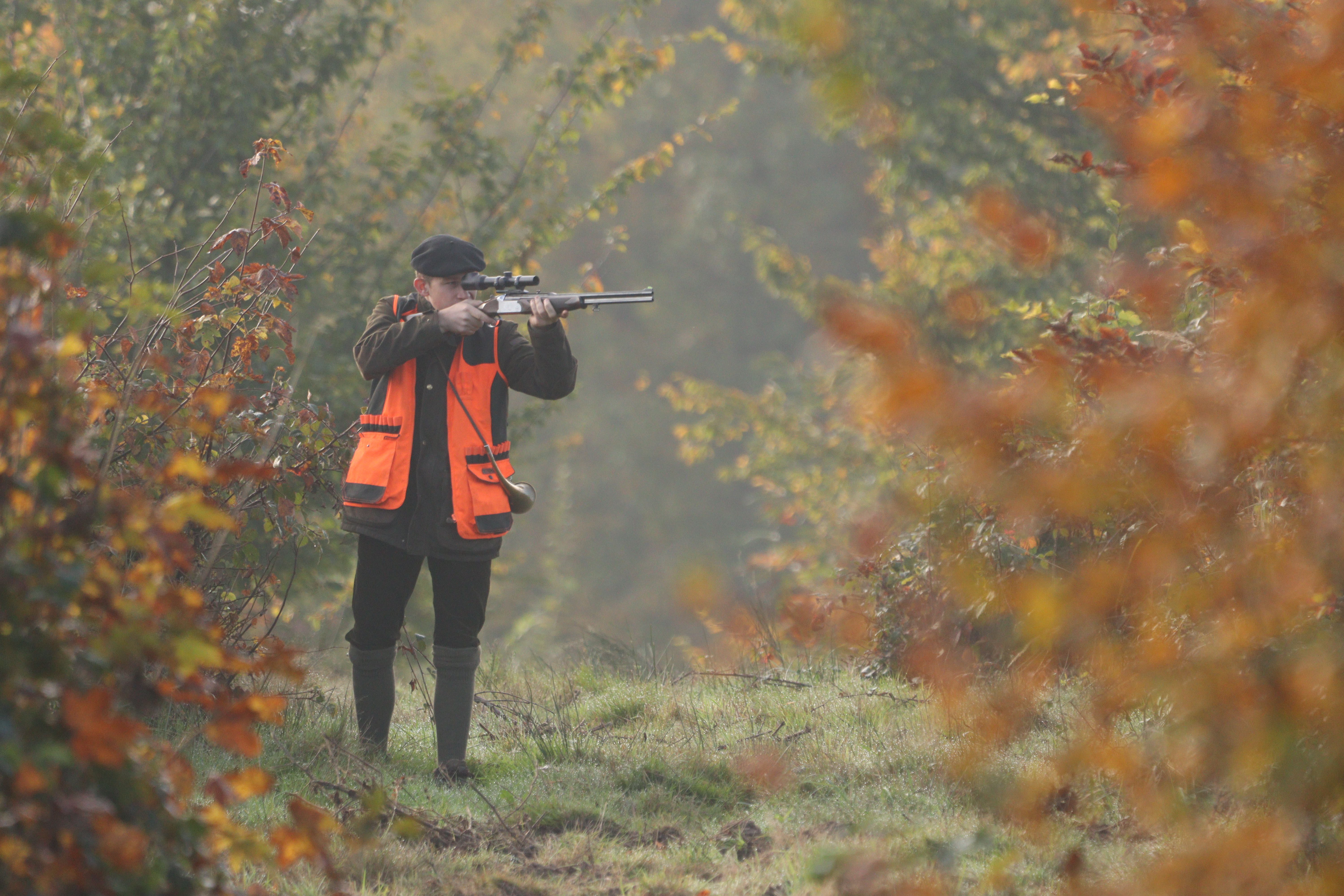 Hunter in an autumnal forest taiking aim wiuth the SWAROVSKI OPTIK Z6i 1-6x24 rifle scope at the game in a driven hunt.