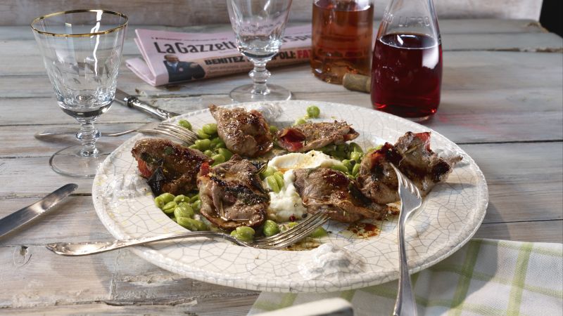 Saltimbocca of wild boar with broad beans in sage butter with celery mash 