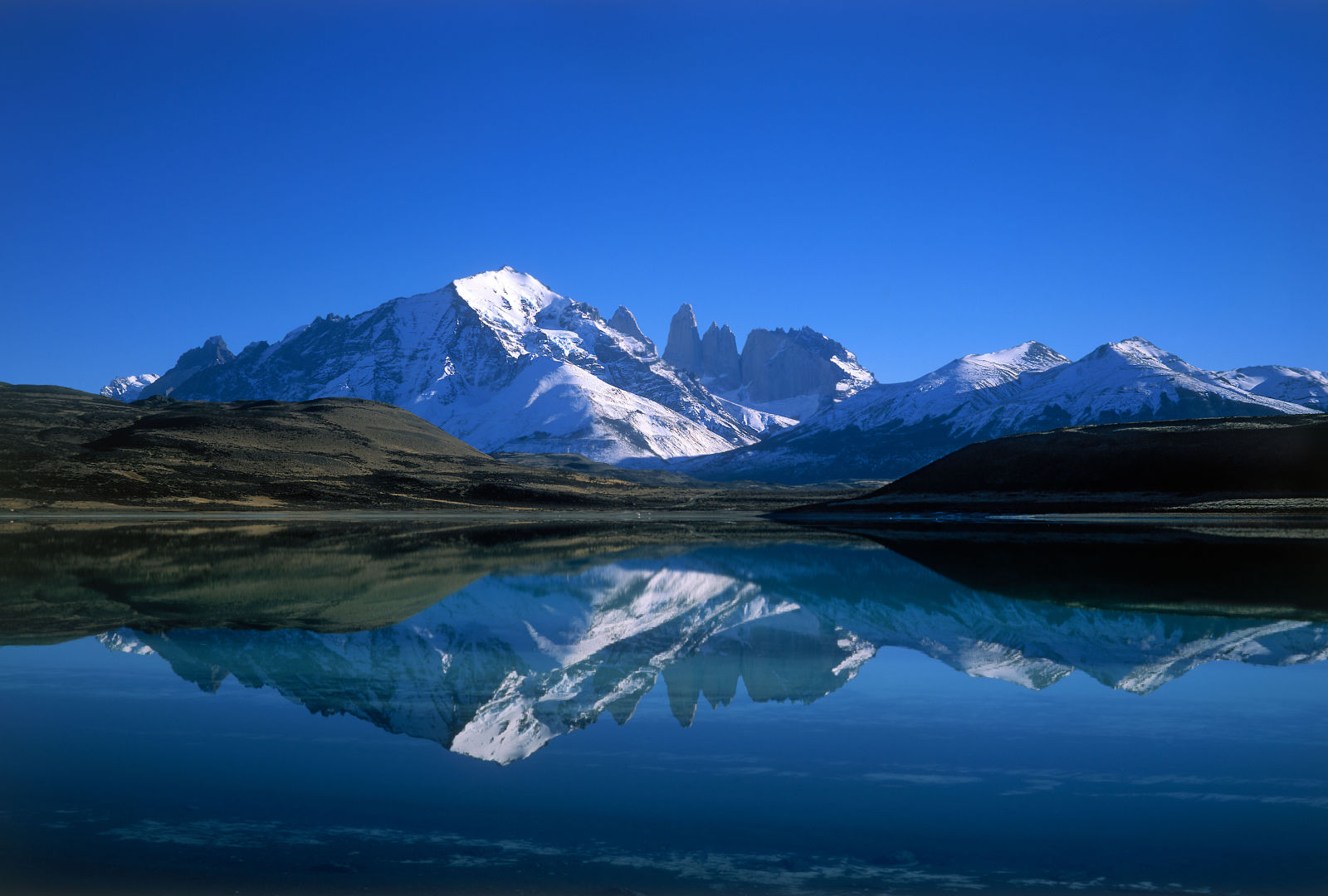 The peaks of Torres del Paine national park and the summit of Almirante Nieto on the left reflected in Laguna Amarga, Chile