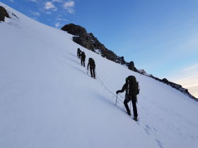 Wolfgang Schwarz and his party ascending Mount Burns. The path to reach the Himalayan tahr's natural habitat is hard.