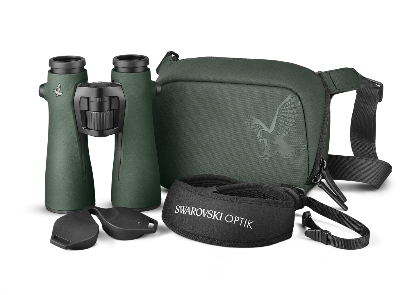 Swarovski NL Pure 52 binocular with its supplied field bag, comfort strap, covers and cleaning accessories