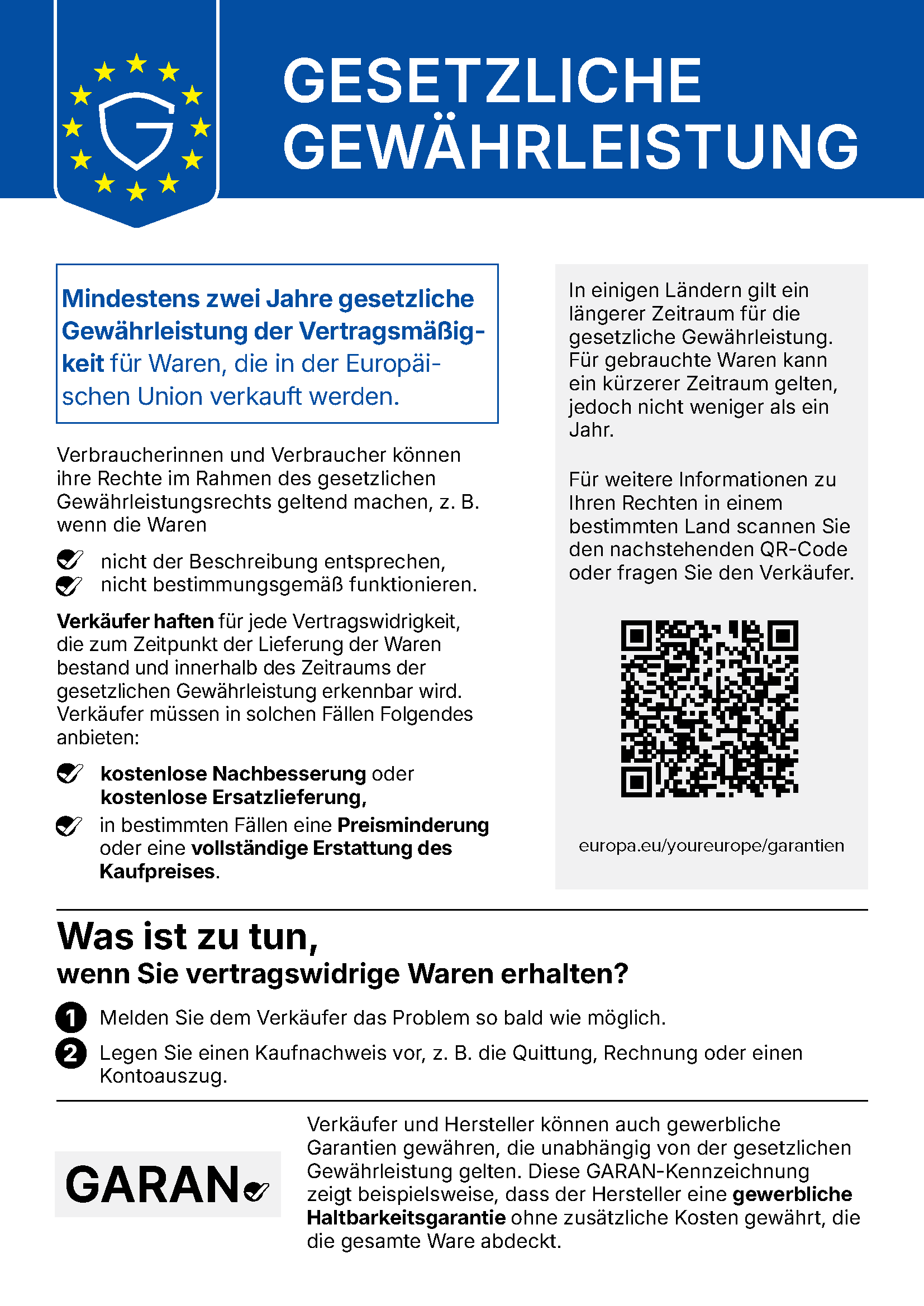 the notice on the legal guarantee of conformity. It reminds consumers that goods come with a legal guarantee of at least two years under EU law, possibly longer under national law, and what remedies they have.