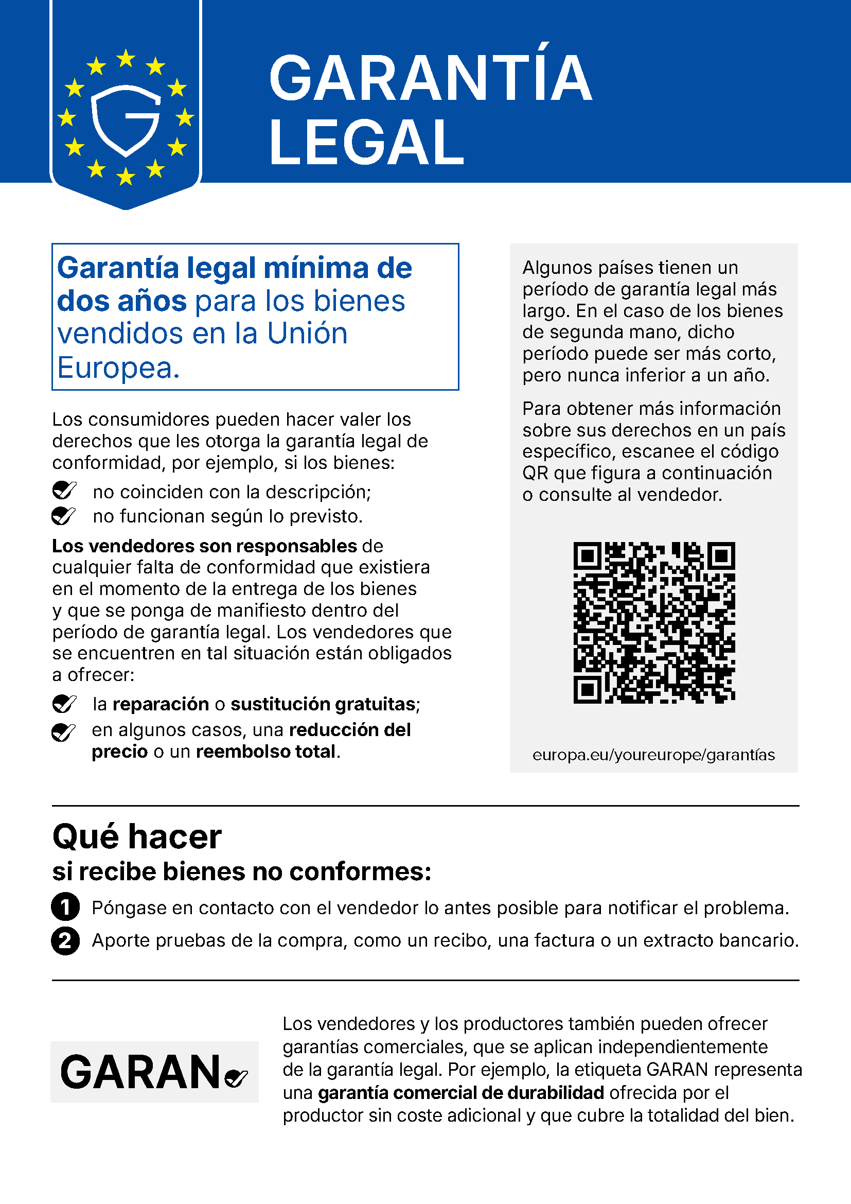 the notice on the legal guarantee of conformity. It reminds consumers that goods come with a legal guarantee of at least two years under EU law, possibly longer under national law, and what remedies they have.