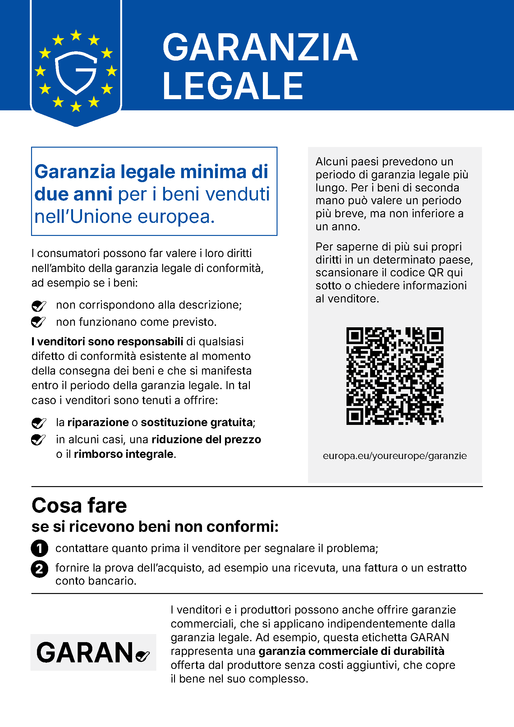 the notice on the legal guarantee of conformity. It reminds consumers that goods come with a legal guarantee of at least two years under EU law, possibly longer under national law, and what remedies they have.