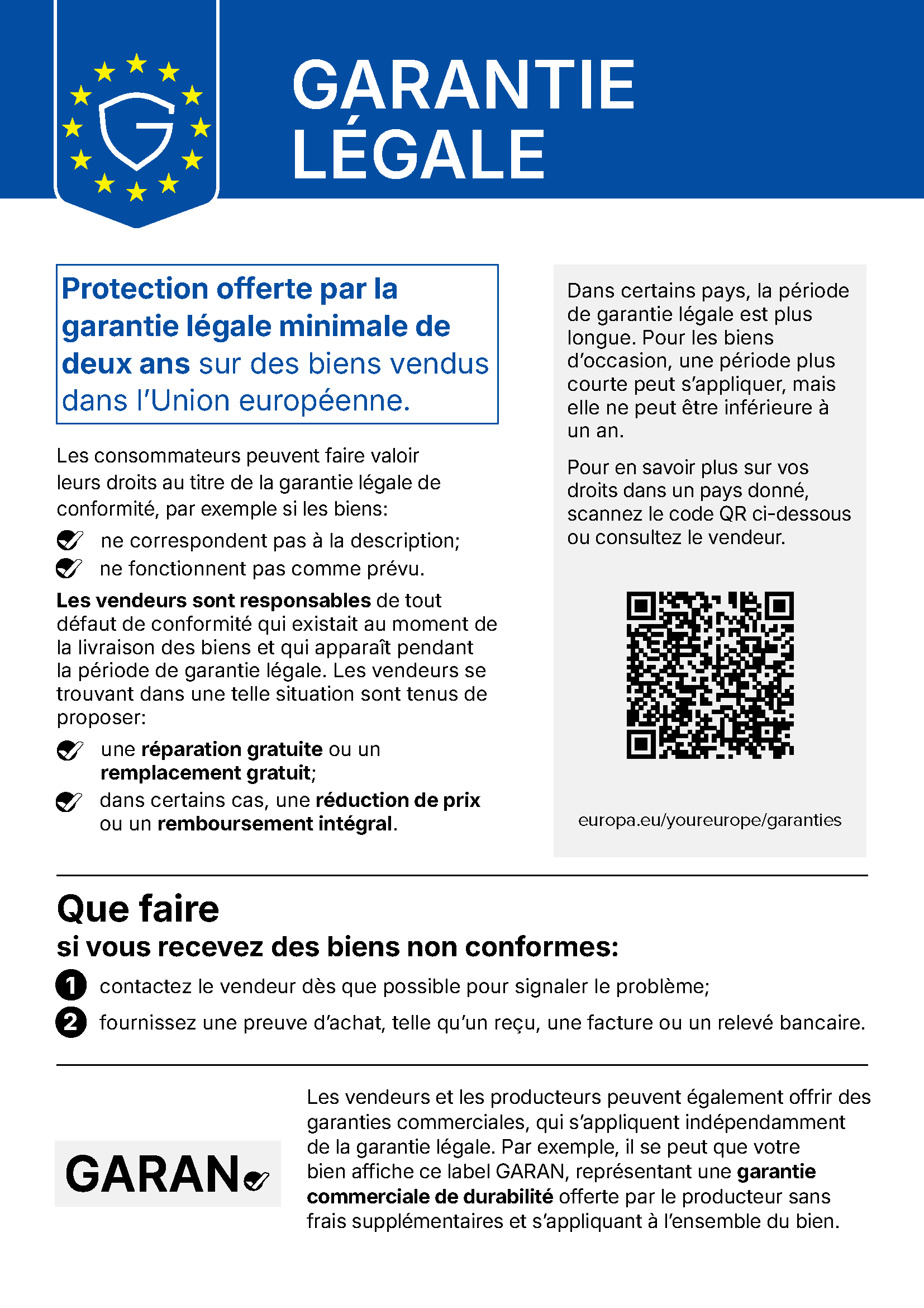 the notice on the legal guarantee of conformity. It reminds consumers that goods come with a legal guarantee of at least two years under EU law, possibly longer under national law, and what remedies they have.