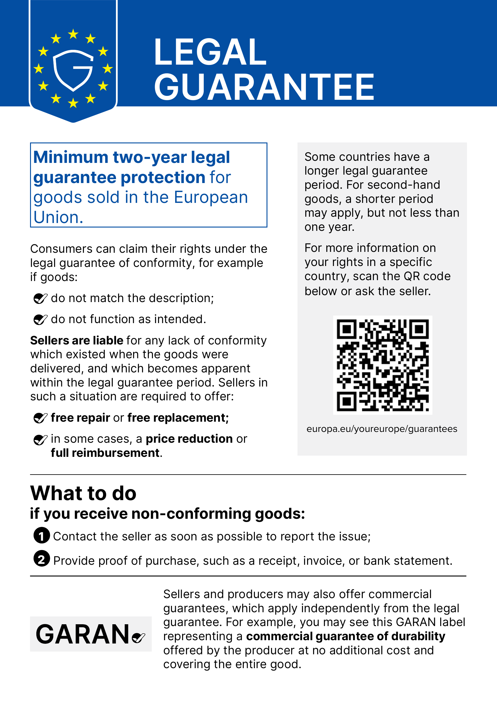the notice on the legal guarantee of conformity. It reminds consumers that goods come with a legal guarantee of at least two years under EU law, possibly longer under national law, and what remedies they have.