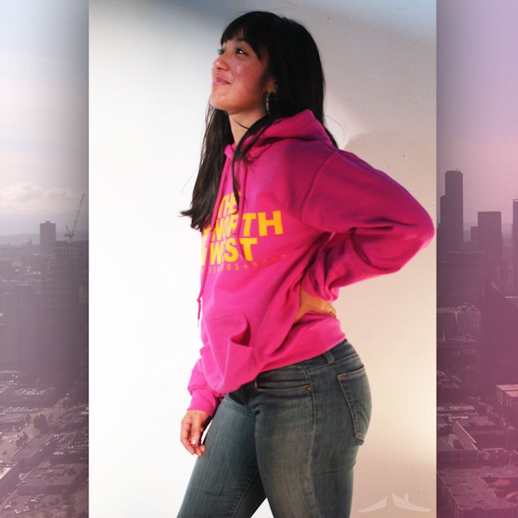 Anne rocking The North West hoodie in Pink and Yellow