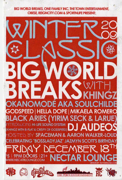 Winter Classic 2009 flyer for the Big World Breaks and Town Entertainment showcase on Friday December 18 at Nectar Lounge in Seattle with the full performer lineup
