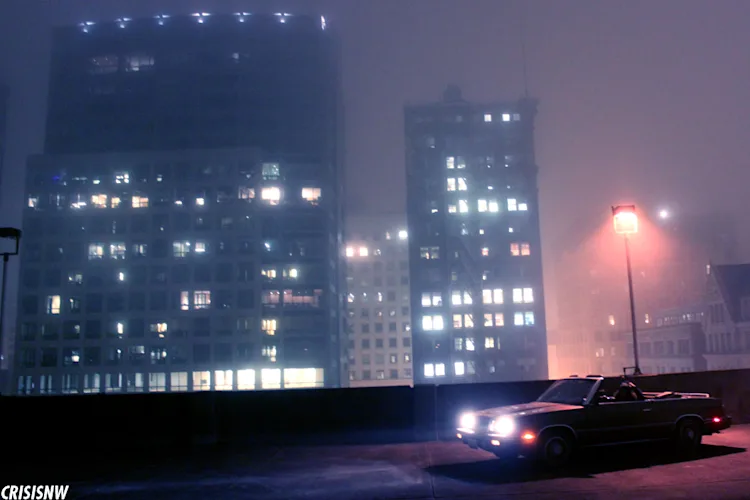 vintage-convertible-headlights-foggy-seattle-skyline