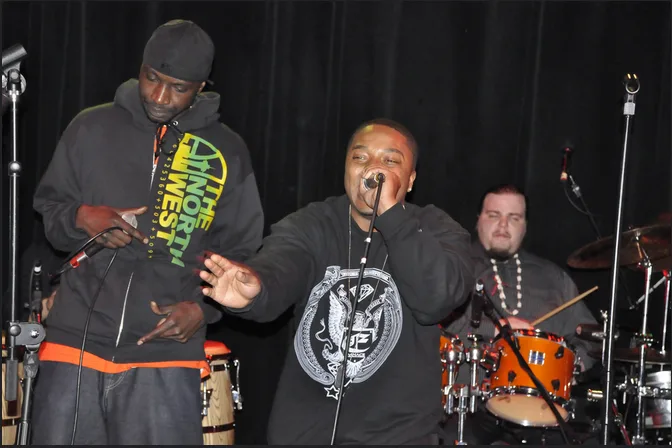 Yirim Seck of Black Aries on the mic with Big World Breaks players on stage at Winter Classic 2009 at Nectar Lounge