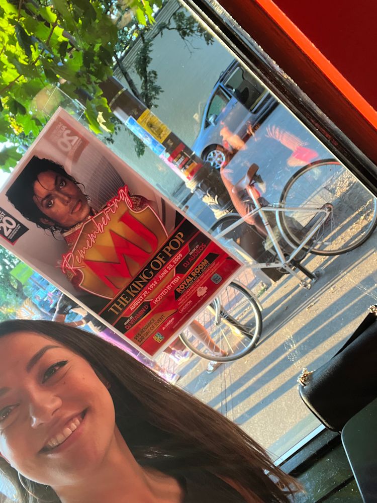 Selfie with the MJ King of Pop event poster at Royal Room