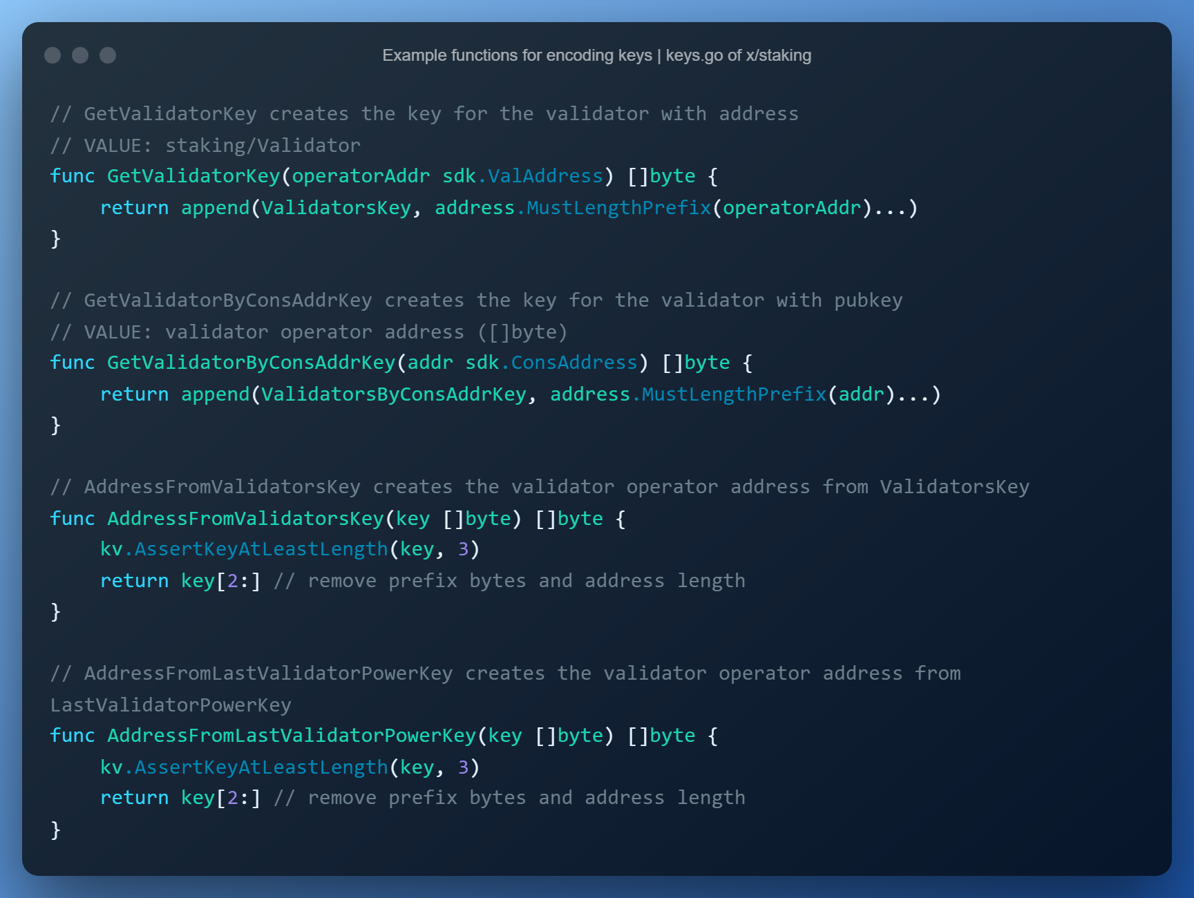 Example functions for encoding keys | from keys.go in the x/staking module