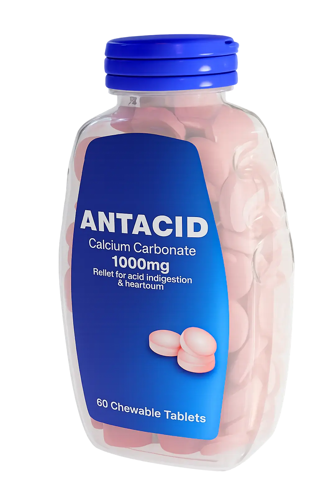 Antacid clear bottle containing pink 1000 mg calcium carbonate chewable tablets for relief of acid indigestion and heartburn with blue label and cap on a white background.
