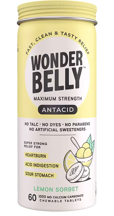 Wonderbelly maximum strength antacid bottle labeled “Lemon Sorbet,” featuring chewable calcium carbonate tablets for relief of heartburn, acid indigestion, and sour stomach, shown as a standalone product with the full label visible.