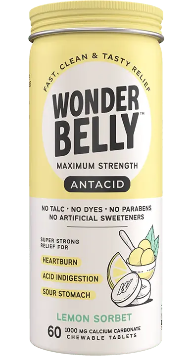 Wonderbelly maximum strength antacid bottle labeled “Lemon Sorbet,” featuring chewable calcium carbonate tablets for relief of heartburn, acid indigestion, and sour stomach, shown as a standalone product with the full label visible.