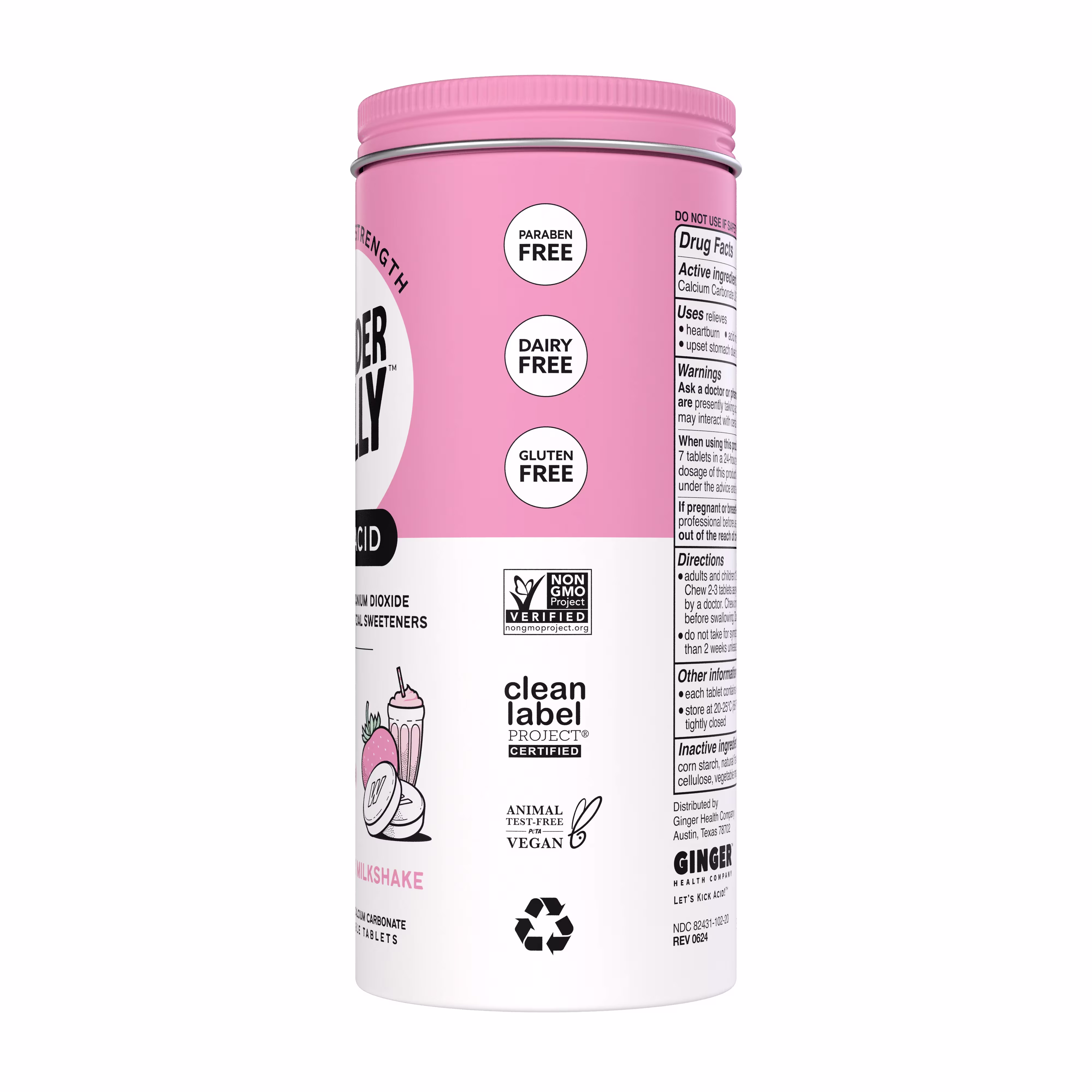 Right view of a Wonderbelly strawberry milkshake antacid container displaying Drug Facts text and circular icons for paraben free, dairy free, and gluten free, along with non‑GMO, clean label project, vegan, animal test‑free, and recycling symbols.