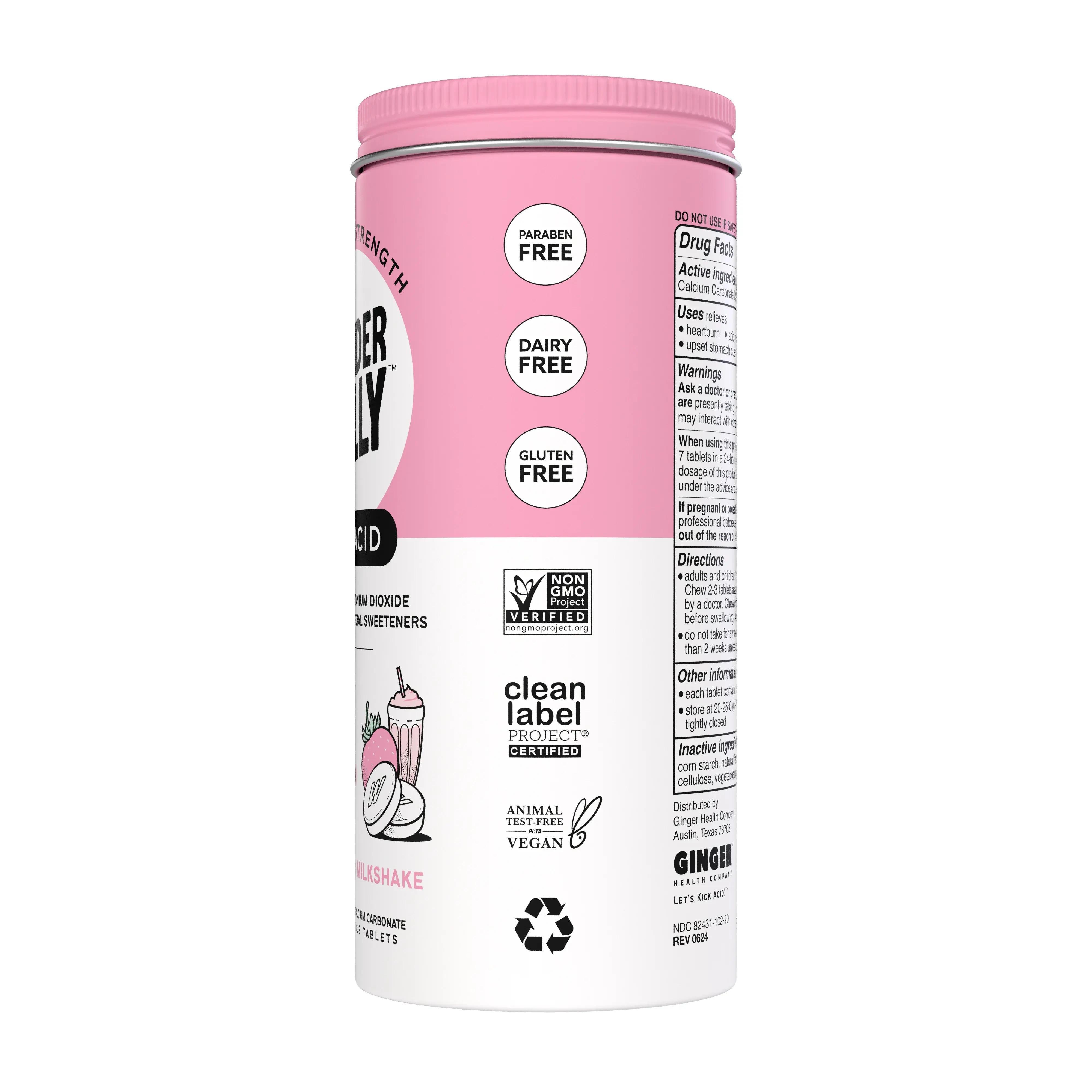 Right view of a Wonderbelly strawberry milkshake antacid container displaying Drug Facts text and circular icons for paraben free, dairy free, and gluten free, along with non‑GMO, clean label project, vegan, animal test‑free, and recycling symbols.
