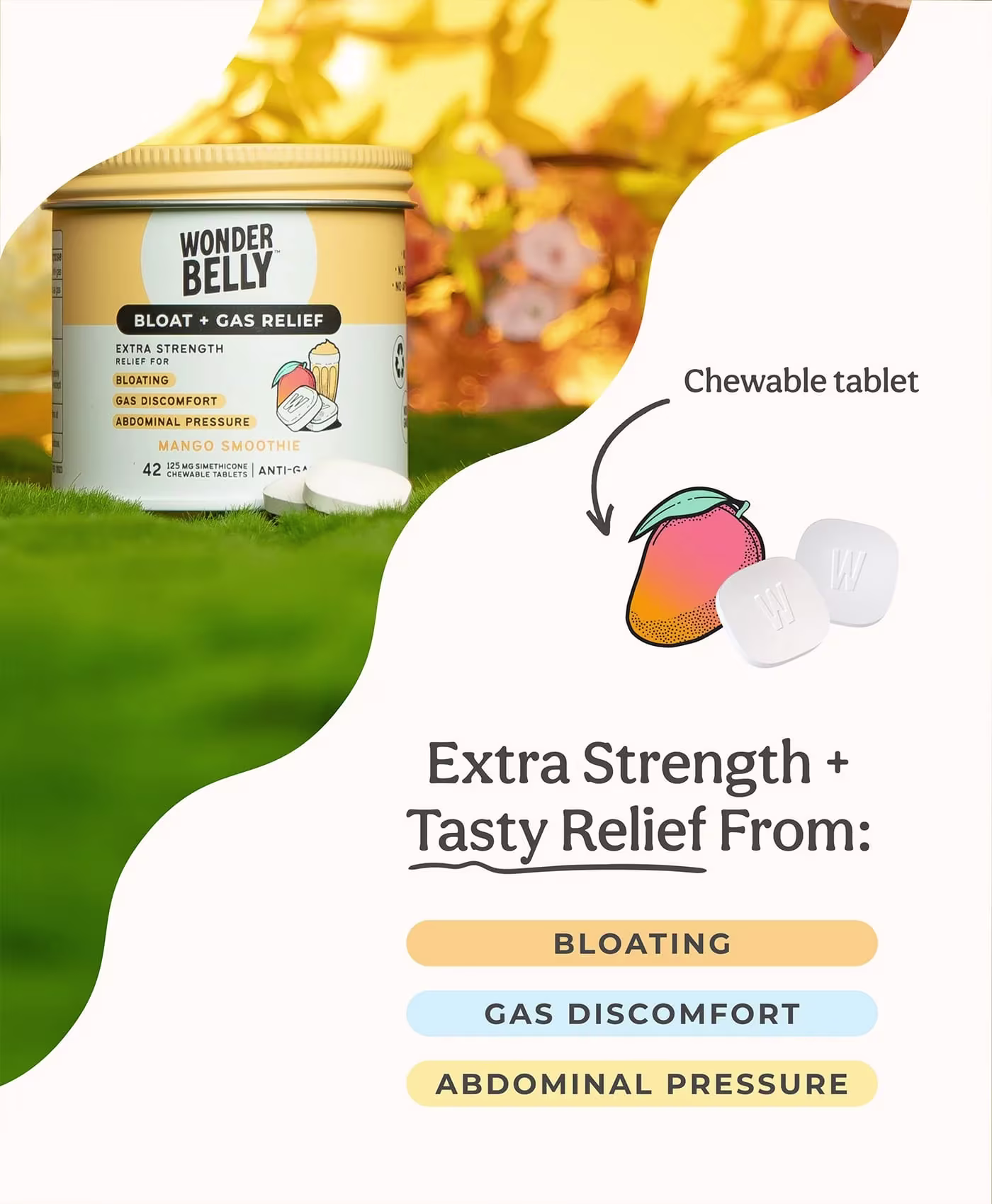 Graphic showing a Wonderbelly bloat and gas relief jar labeled “Mango Smoothie” placed on grass with chewable tablets and mango illustrations, alongside text reading “Extra Strength + Tasty Relief From: Bloating, Gas Discomfort, Abdominal Pressure.”
