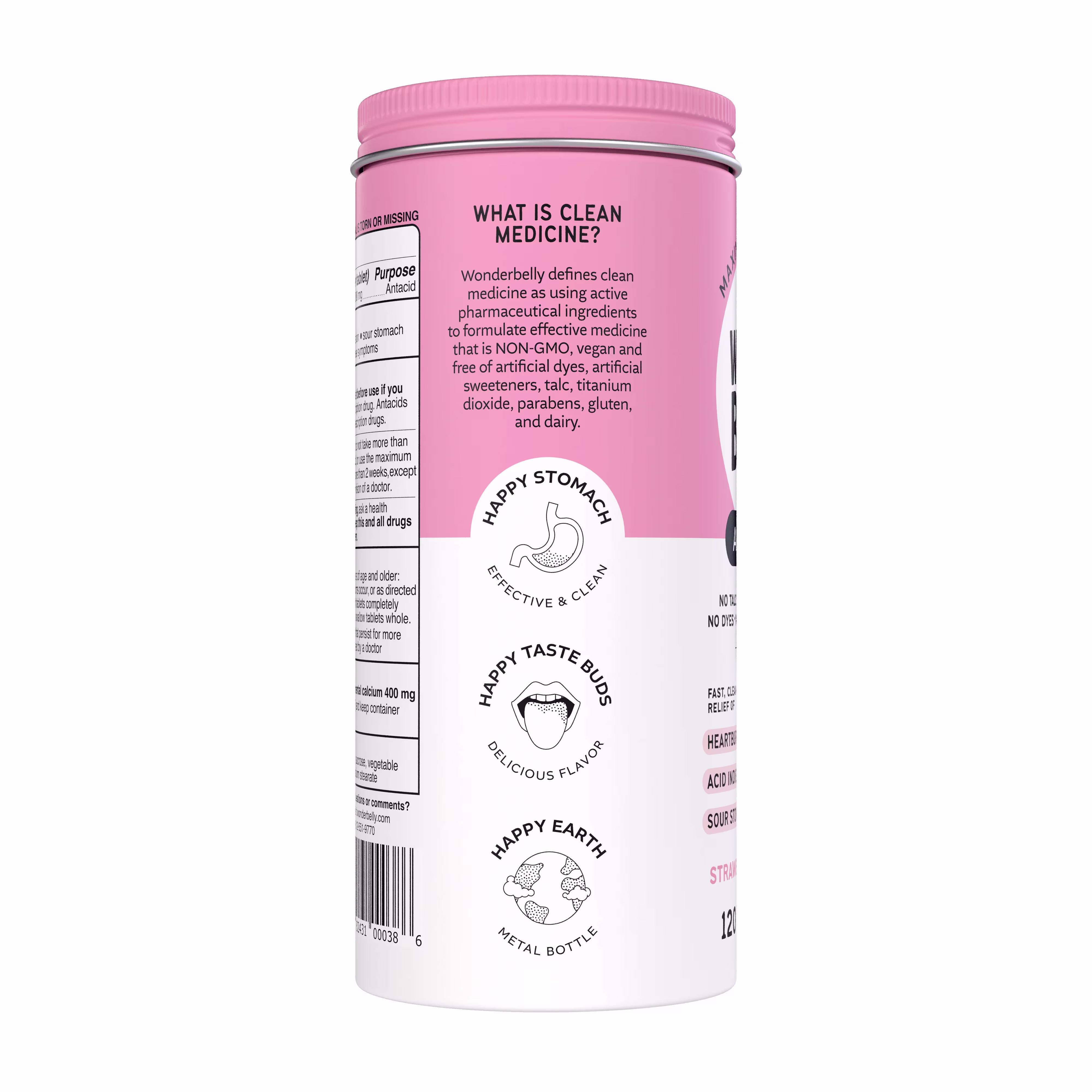 Left view of a Wonderbelly strawberry milkshake antacid container showing text titled “What is clean medicine?” with icons for happy stomach, taste buds, and earth, describing non‑GMO, vegan, and free‑from ingredient claims on a pink label.