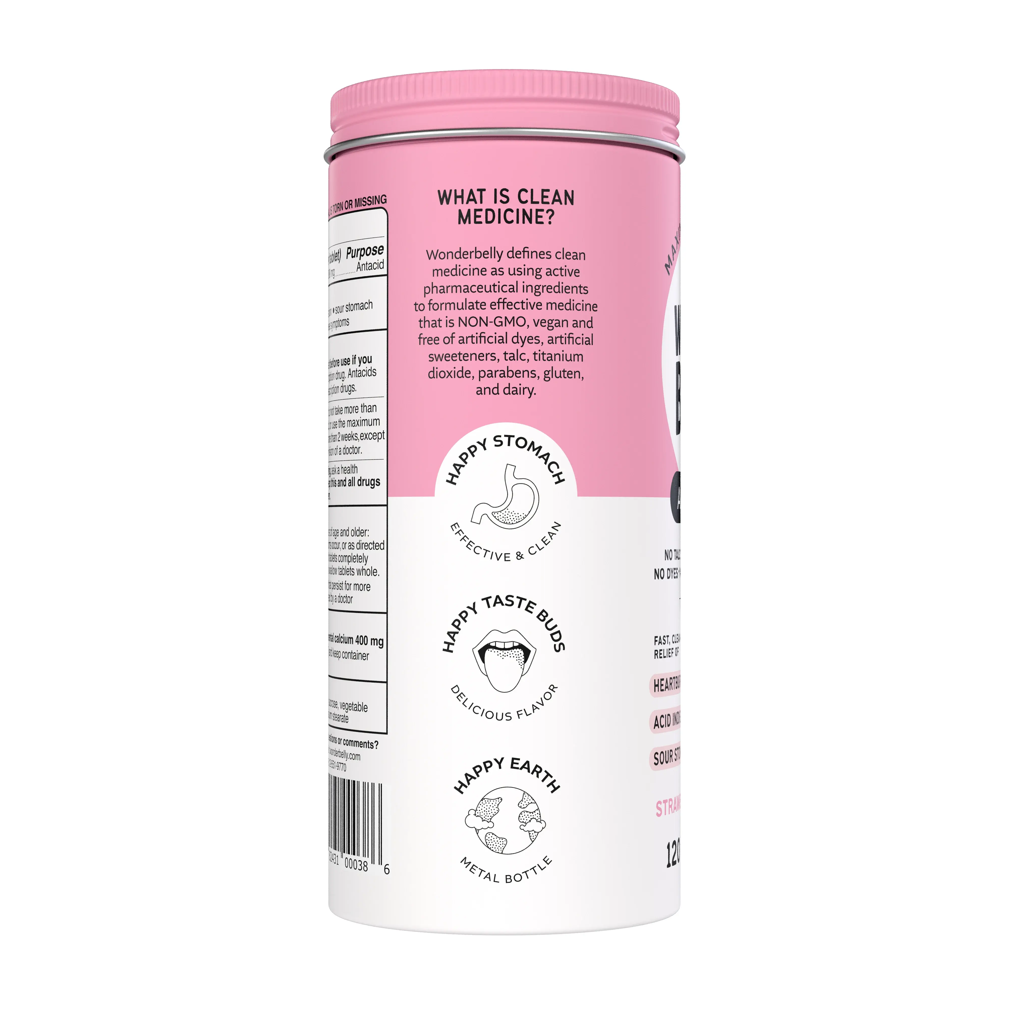 Left view of a Wonderbelly strawberry milkshake antacid container showing text titled “What is clean medicine?” with icons for happy stomach, taste buds, and earth, describing non‑GMO, vegan, and free‑from ingredient claims on a pink label.