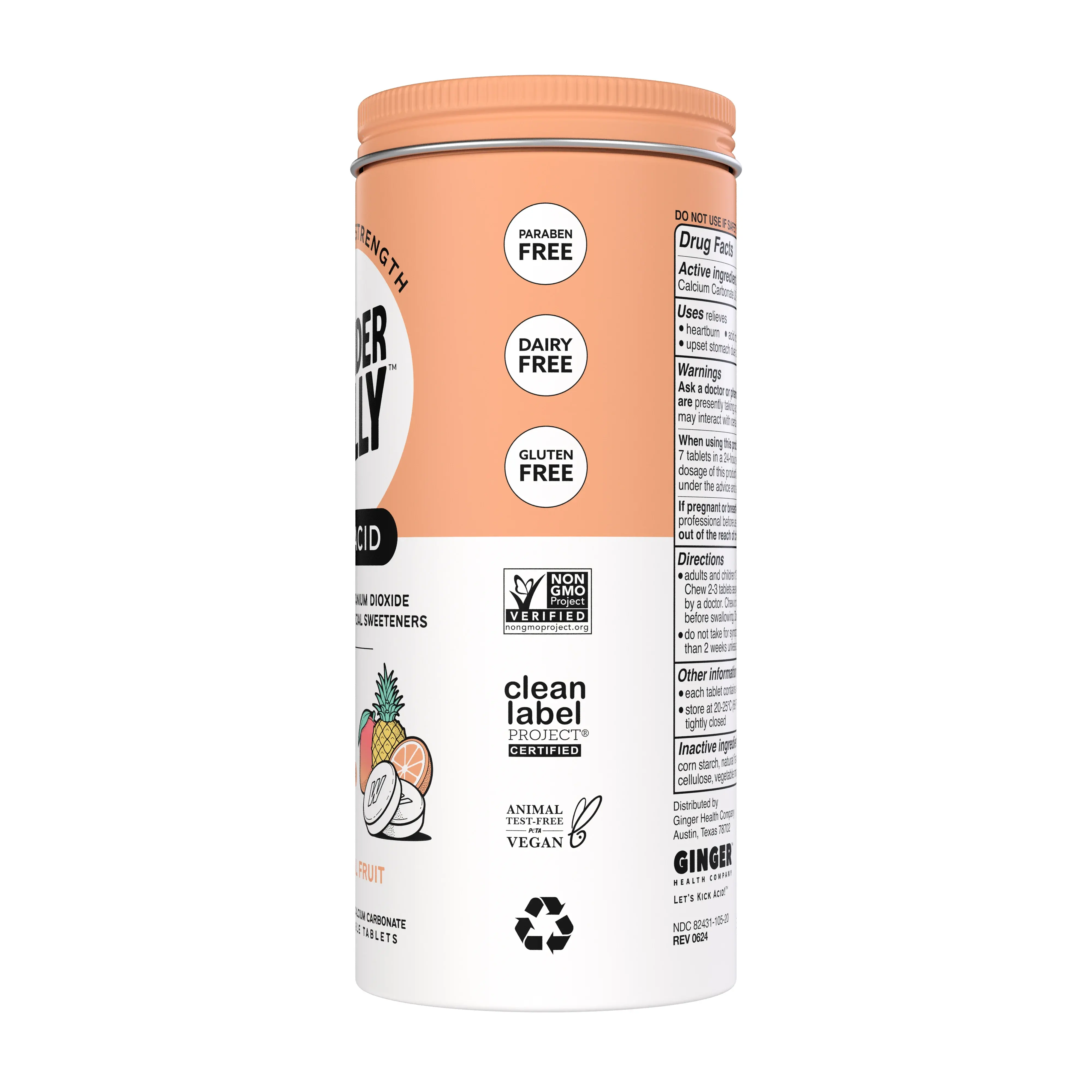 Right view of a Wonderbelly antacid container showing icons labeled paraben free, dairy free, and gluten free, along with non‑GMO project verified, clean label project certified, vegan, animal test‑free, and recycling symbols.