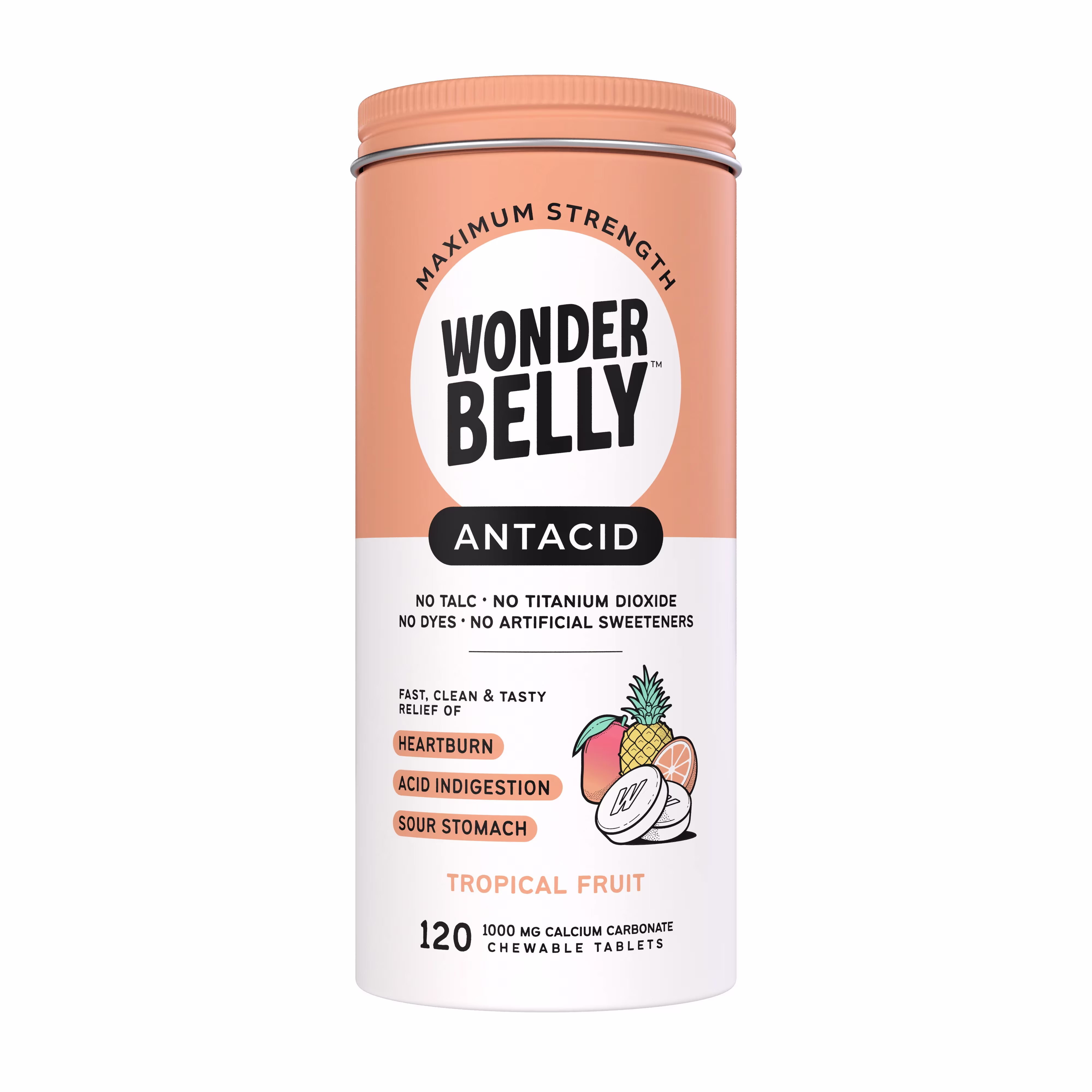 A Wonderbelly maximum strength antacid bottle labeled 120ct “Tropical Fruit,” showing fast and tasty relief for heartburn, acid indigestion, and sour stomach, with illustrated pineapple, mango, and orange on a peach‑colored container.