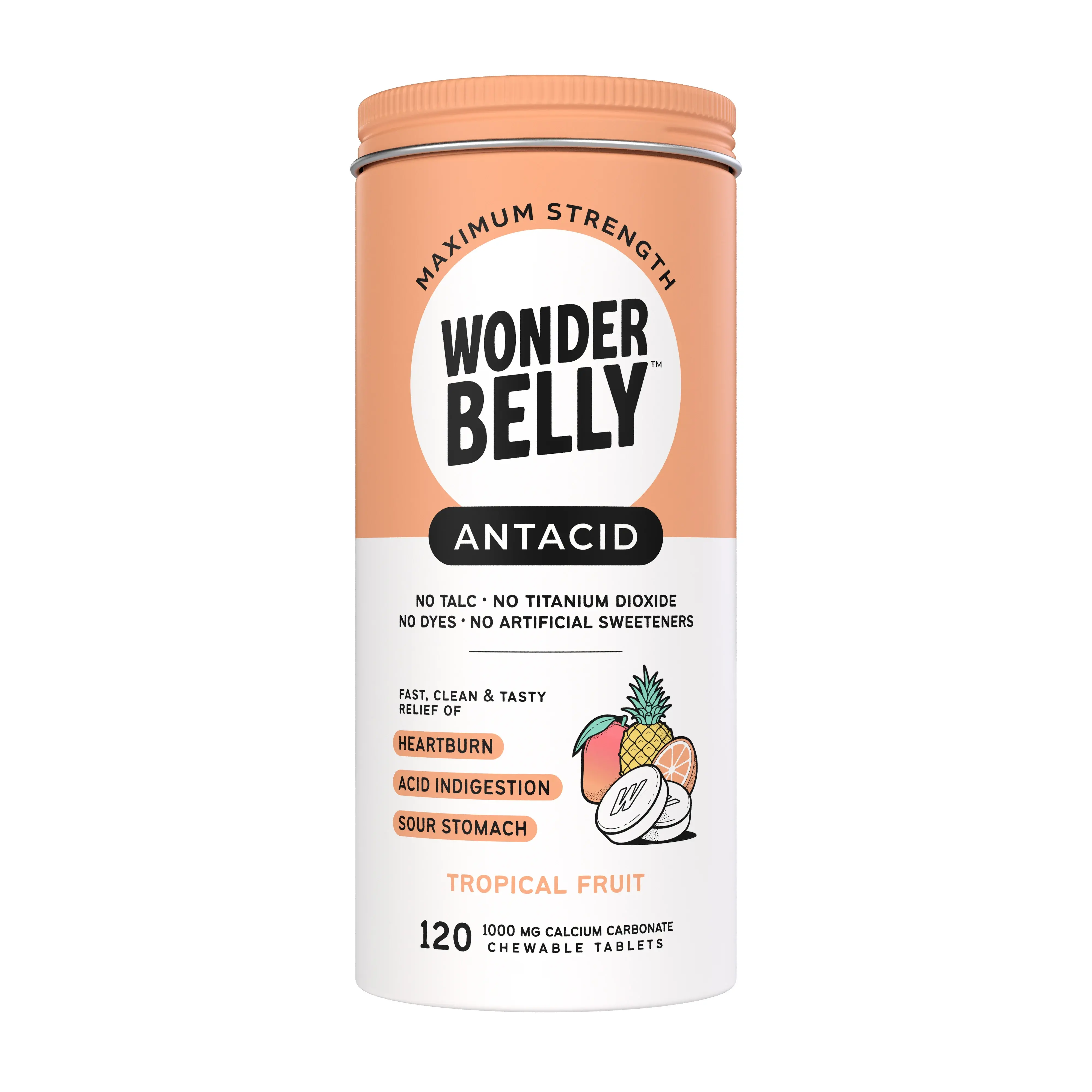 A Wonderbelly maximum strength antacid bottle labeled 120ct “Tropical Fruit,” showing fast and tasty relief for heartburn, acid indigestion, and sour stomach, with illustrated pineapple, mango, and orange on a peach‑colored container.