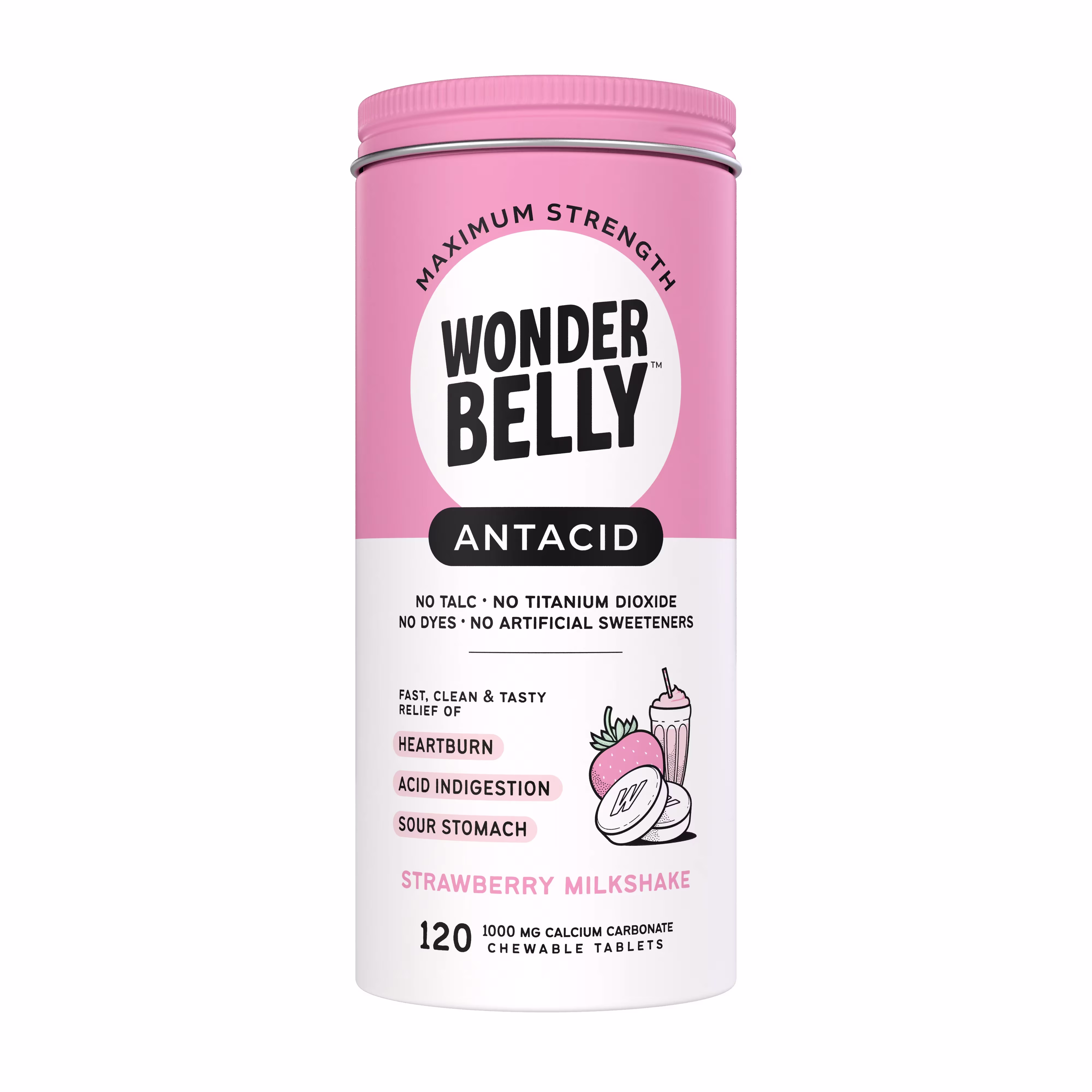 Wonderbelly maximum strength antacid container labeled “Strawberry Milkshake,” highlighting no talc, no titanium dioxide, no dyes or artificial sweeteners, with strawberry milkshake artwork and chewable tablet illustrations on the label.