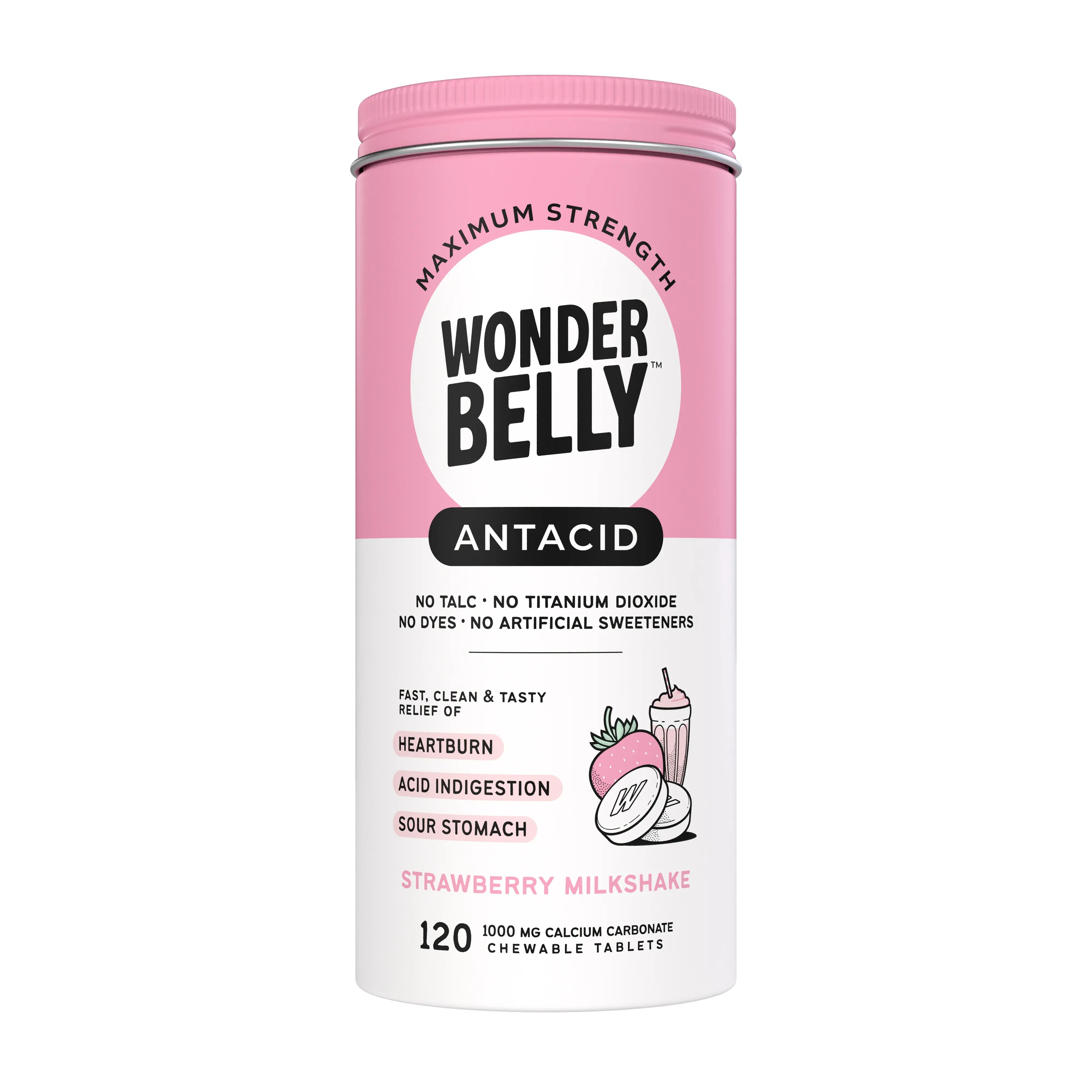 Wonderbelly maximum strength antacid container labeled “Strawberry Milkshake,” highlighting no talc, no titanium dioxide, no dyes or artificial sweeteners, with strawberry milkshake artwork and chewable tablet illustrations on the label.