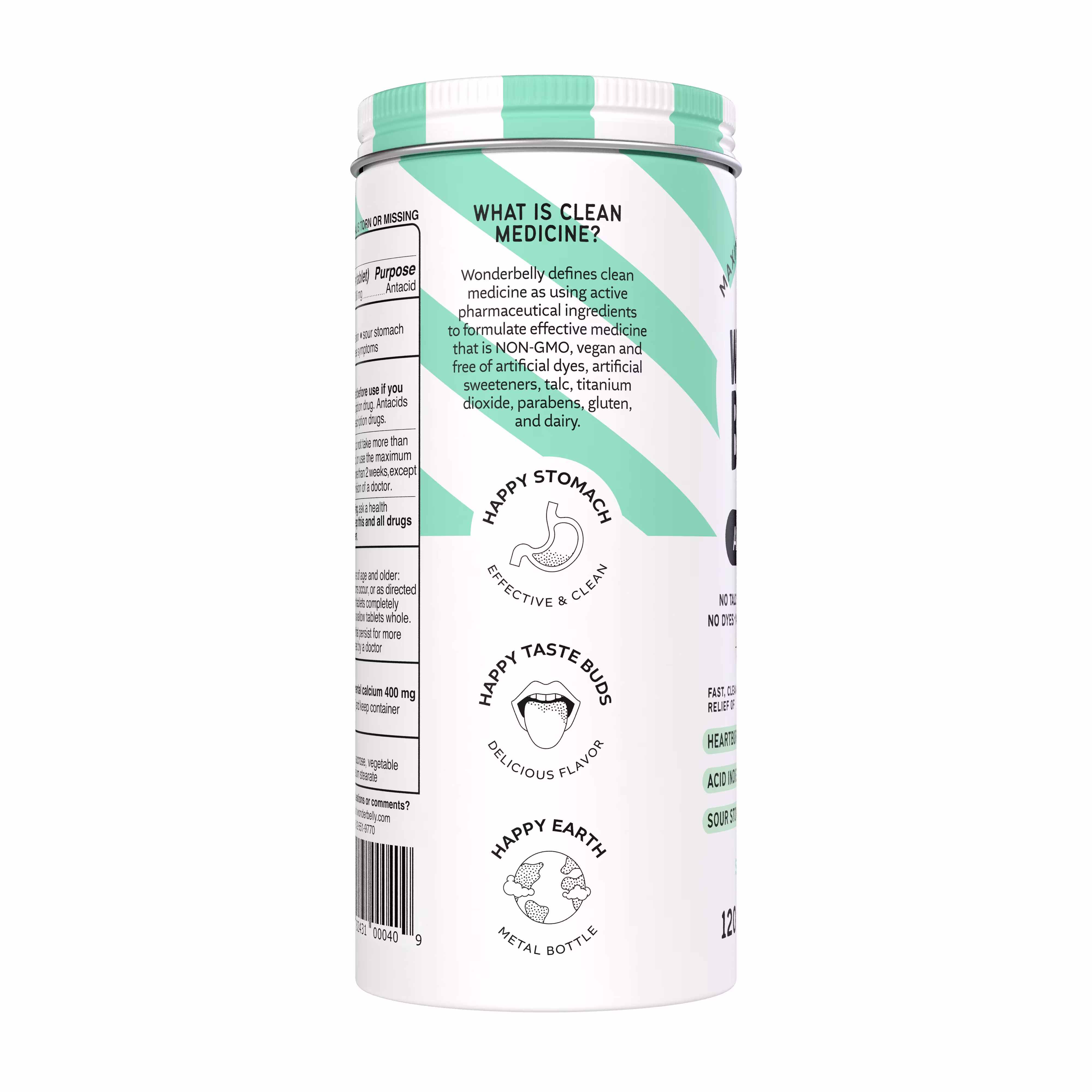 Left view of a Wonderbelly antacid "Sweet Mint" container with green striped label, text “What is clean medicine?” and icons for happy stomach, taste buds, and earth, describing effective, clean medicine made without certain ingredients.