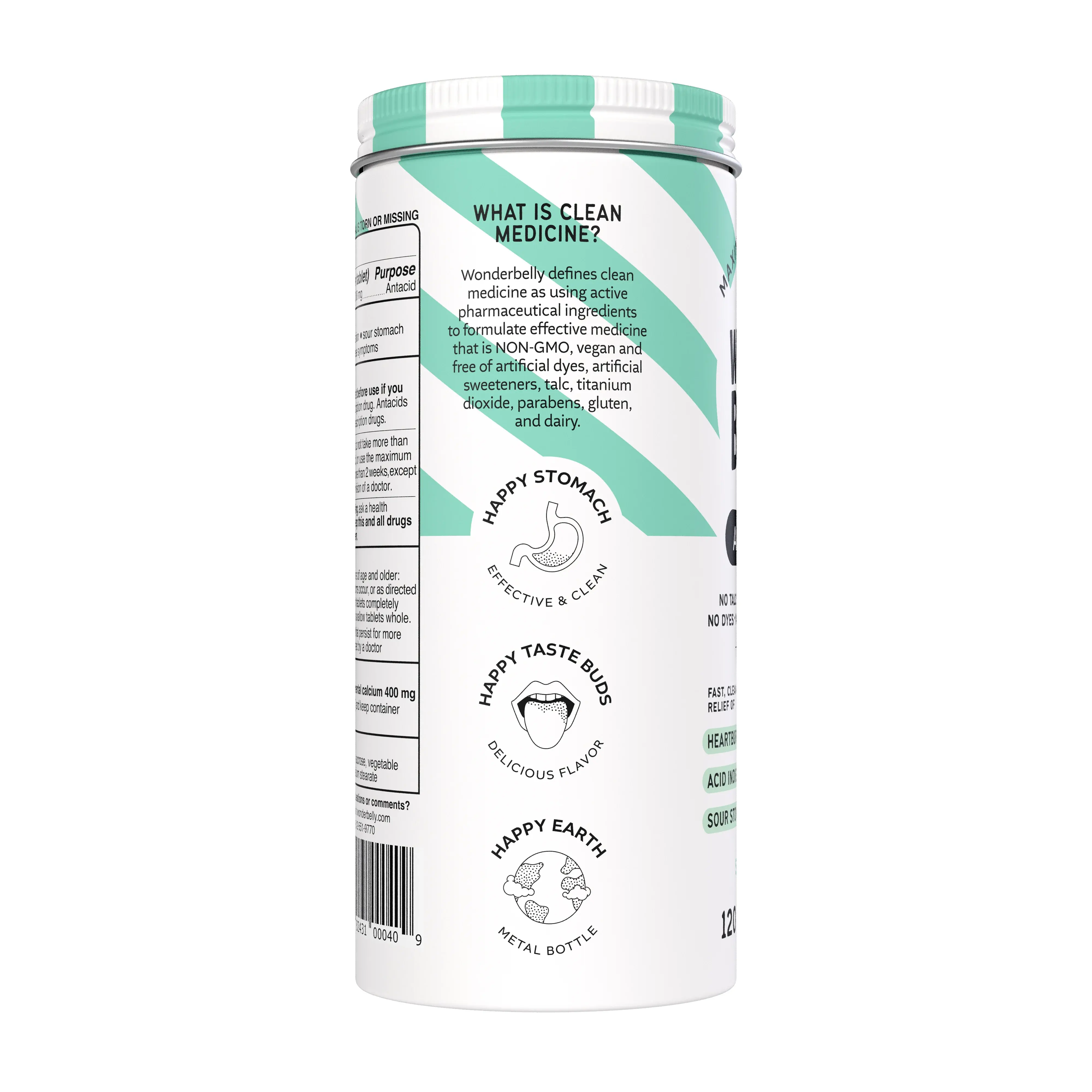 Left view of a Wonderbelly antacid "Sweet Mint" container with green striped label, text “What is clean medicine?” and icons for happy stomach, taste buds, and earth, describing effective, clean medicine made without certain ingredients.