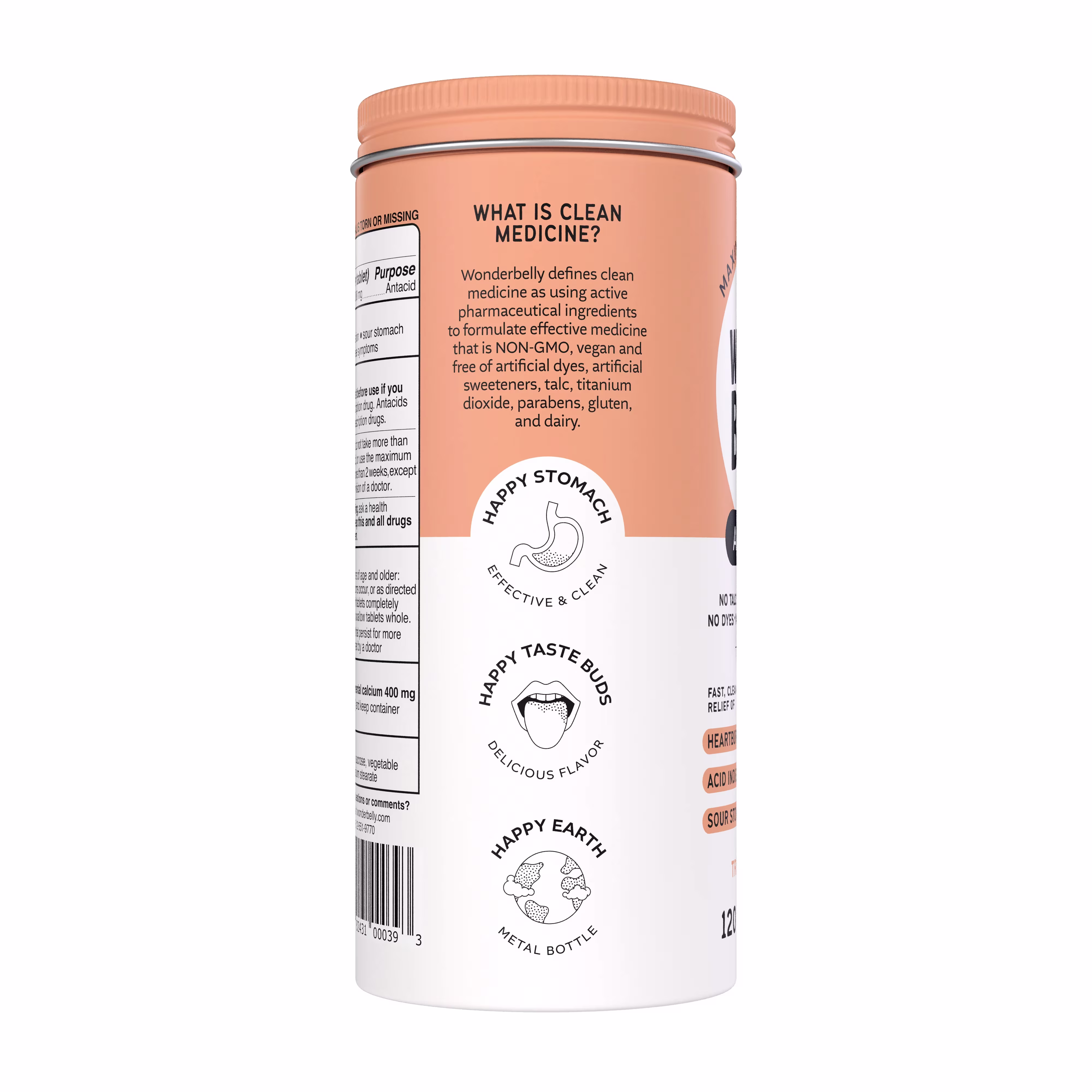 Left view of a Wonderbelly antacid container with text titled “What is clean medicine?” explaining non‑GMO, vegan, and free‑from claims, alongside icons labeled Happy Stomach, Happy Taste Buds, and Happy Earth on an orange‑and‑white label.