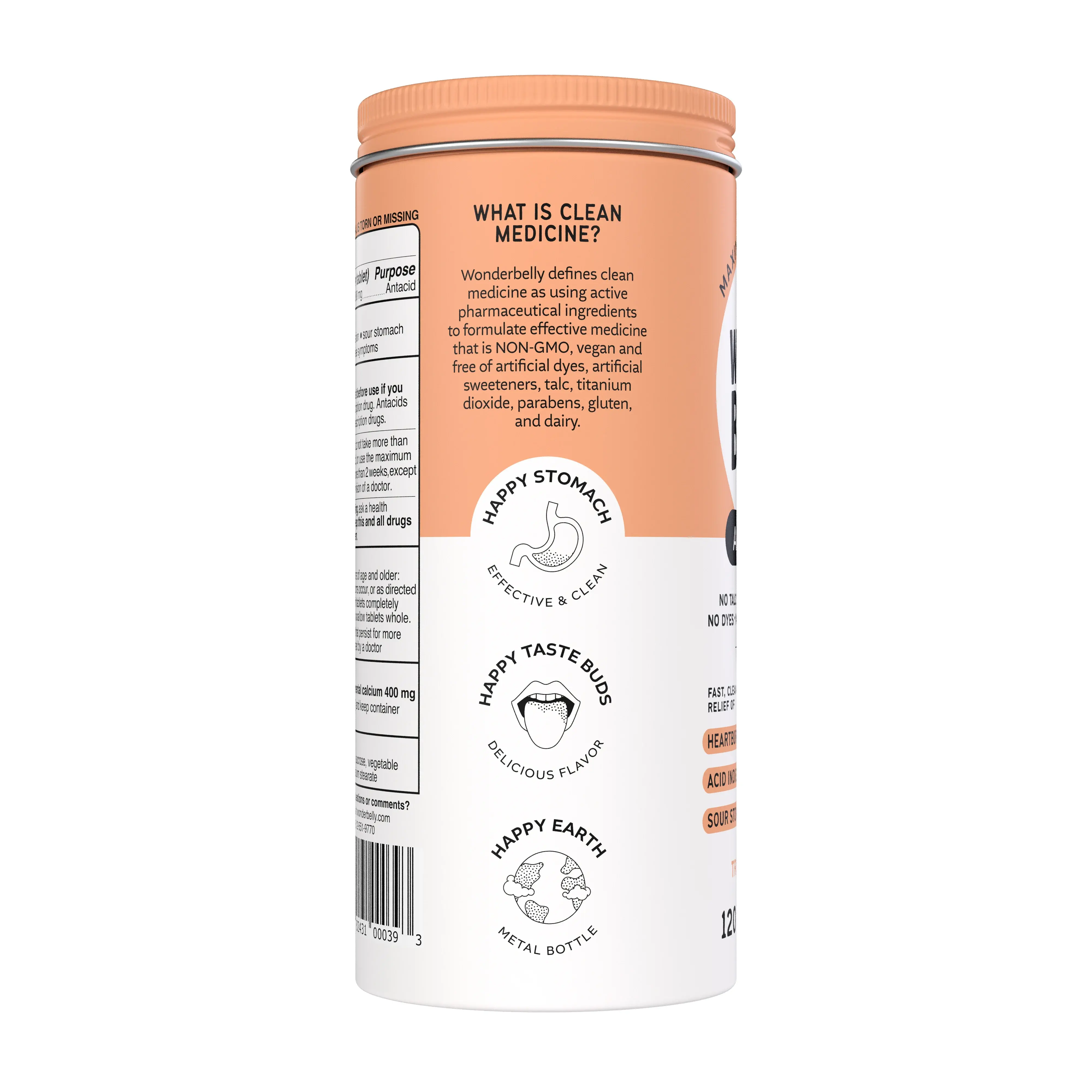 Left view of a Wonderbelly antacid container with text titled “What is clean medicine?” explaining non‑GMO, vegan, and free‑from claims, alongside icons labeled Happy Stomach, Happy Taste Buds, and Happy Earth on an orange‑and‑white label.