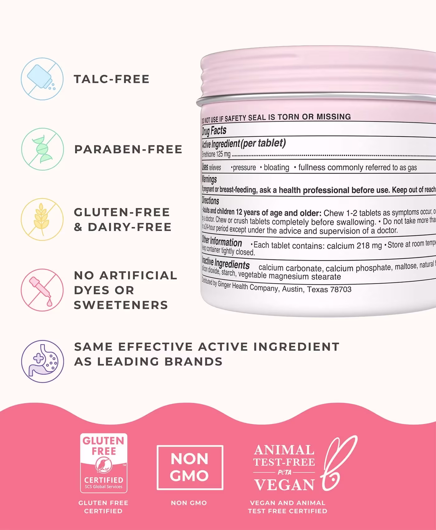 In graphic showing the back of a Wonderbelly bloat+gas relief container with icons and text calling out talc‑free, paraben‑free, gluten‑free & dairy‑free, no artificial dyes or sweeteners & same active ingredient as leading brands, plus badges.