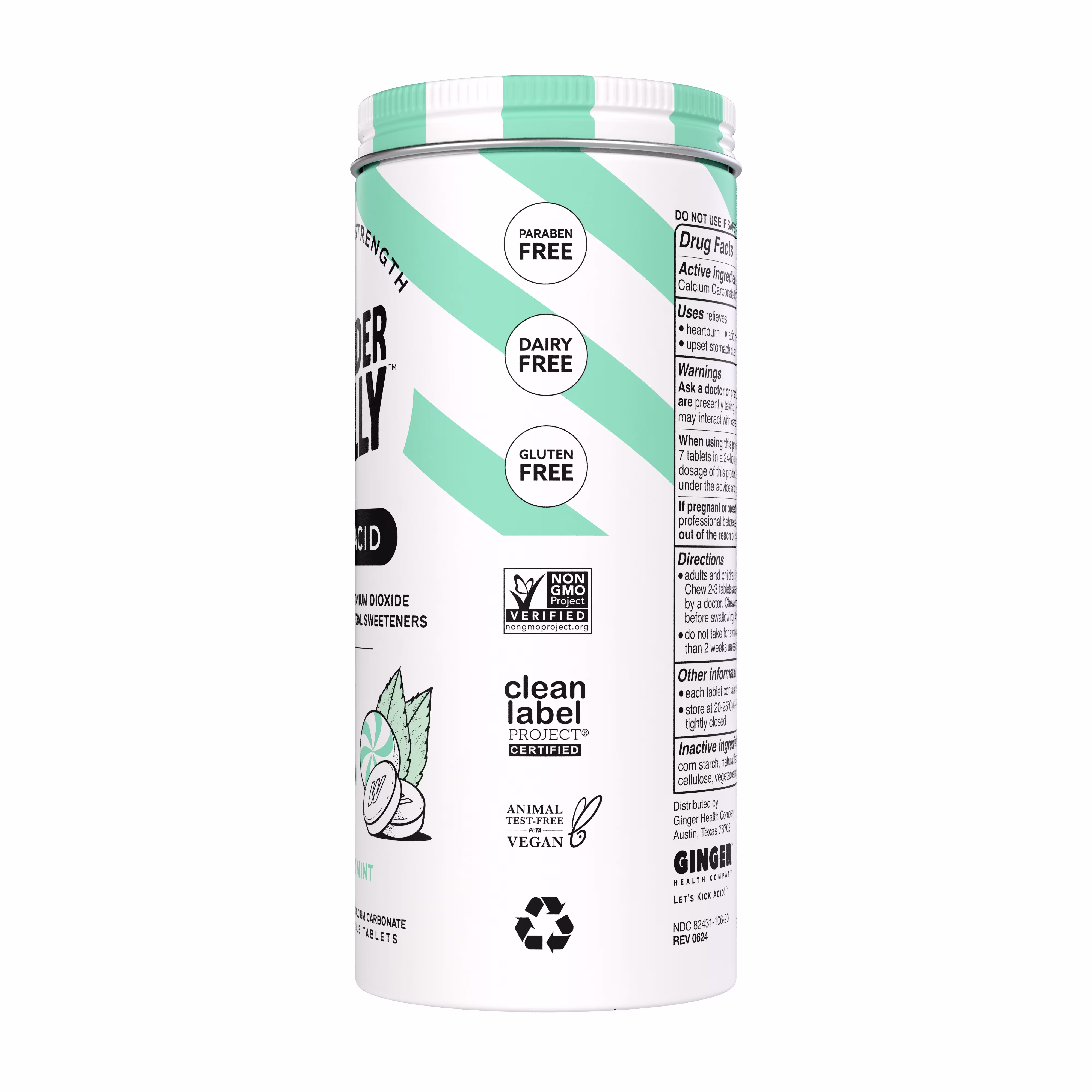 Wonderbelly maximum strength antacid bottle labeled “Sweet Mint,” listing fast, clean, and tasty relief for heartburn, acid indigestion, and sour stomach, with mint candy and chewable tablet illustrations on a white background.
