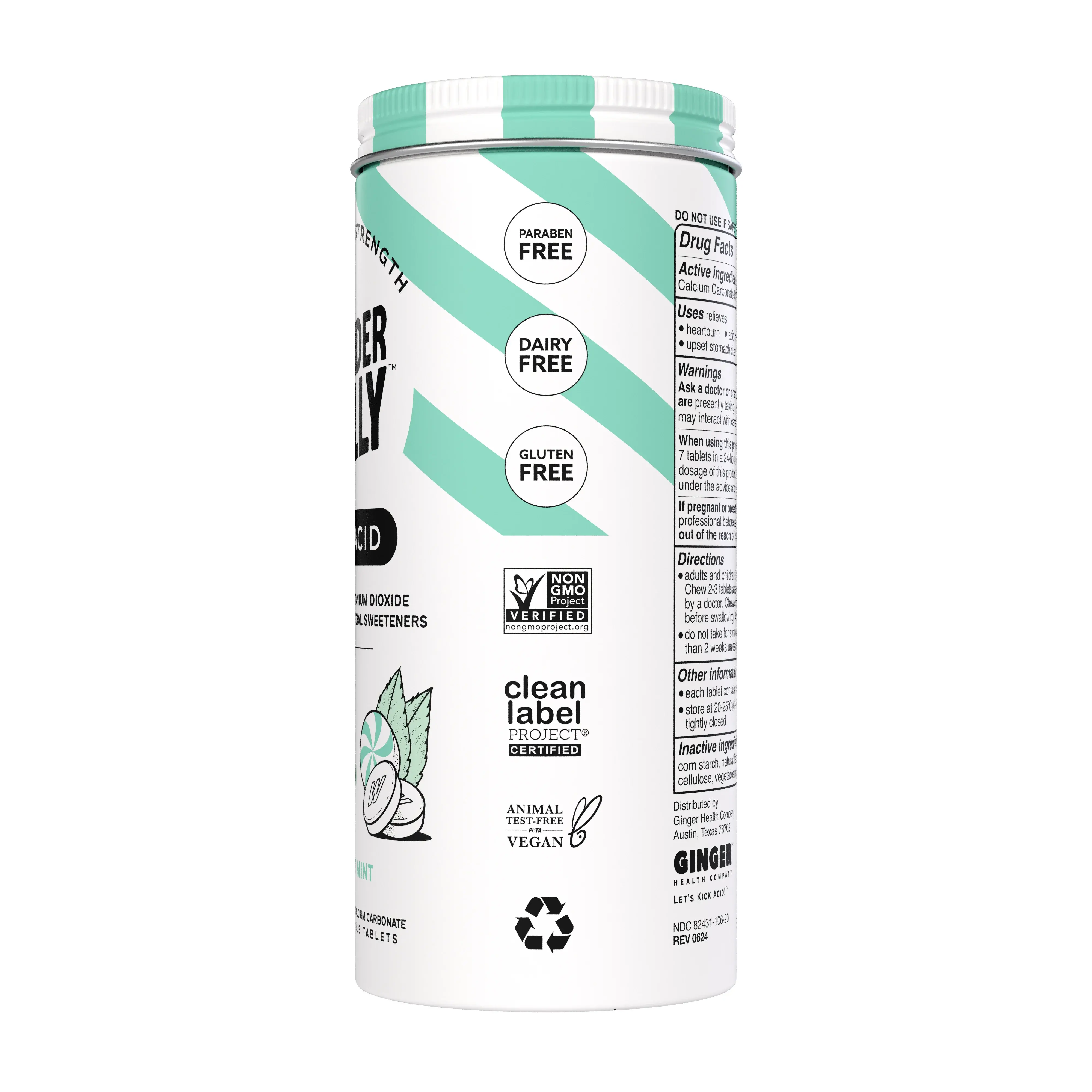 Wonderbelly maximum strength antacid bottle labeled “Sweet Mint,” listing fast, clean, and tasty relief for heartburn, acid indigestion, and sour stomach, with mint candy and chewable tablet illustrations on a white background.