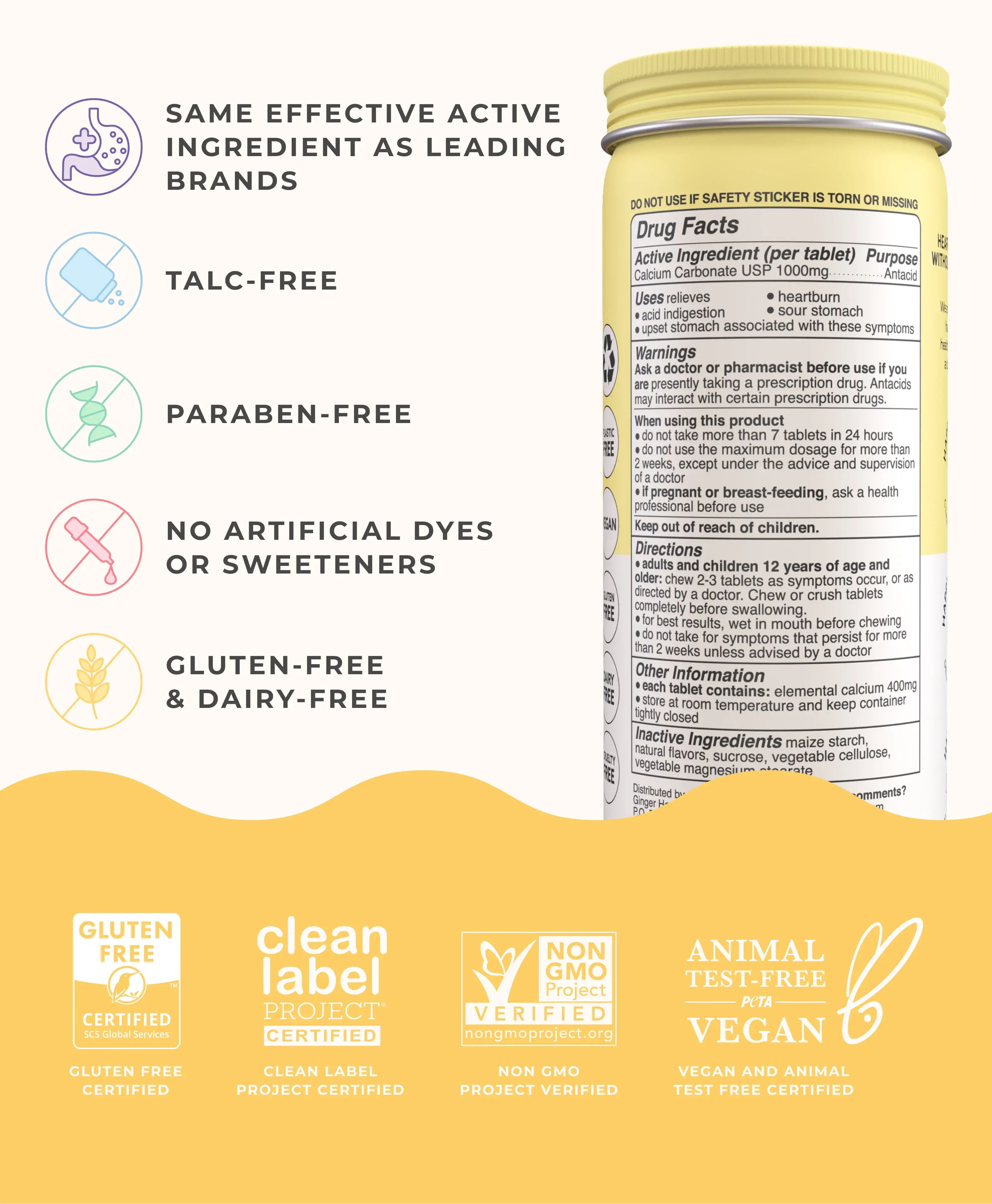 Product information graphic showing a Wonderbelly antacid bottle with icons and text highlighting talc‑free, paraben‑free, no artificial dyes or sweeteners, gluten‑free, dairy‑free, and certification badges on a yellow and cream background.
