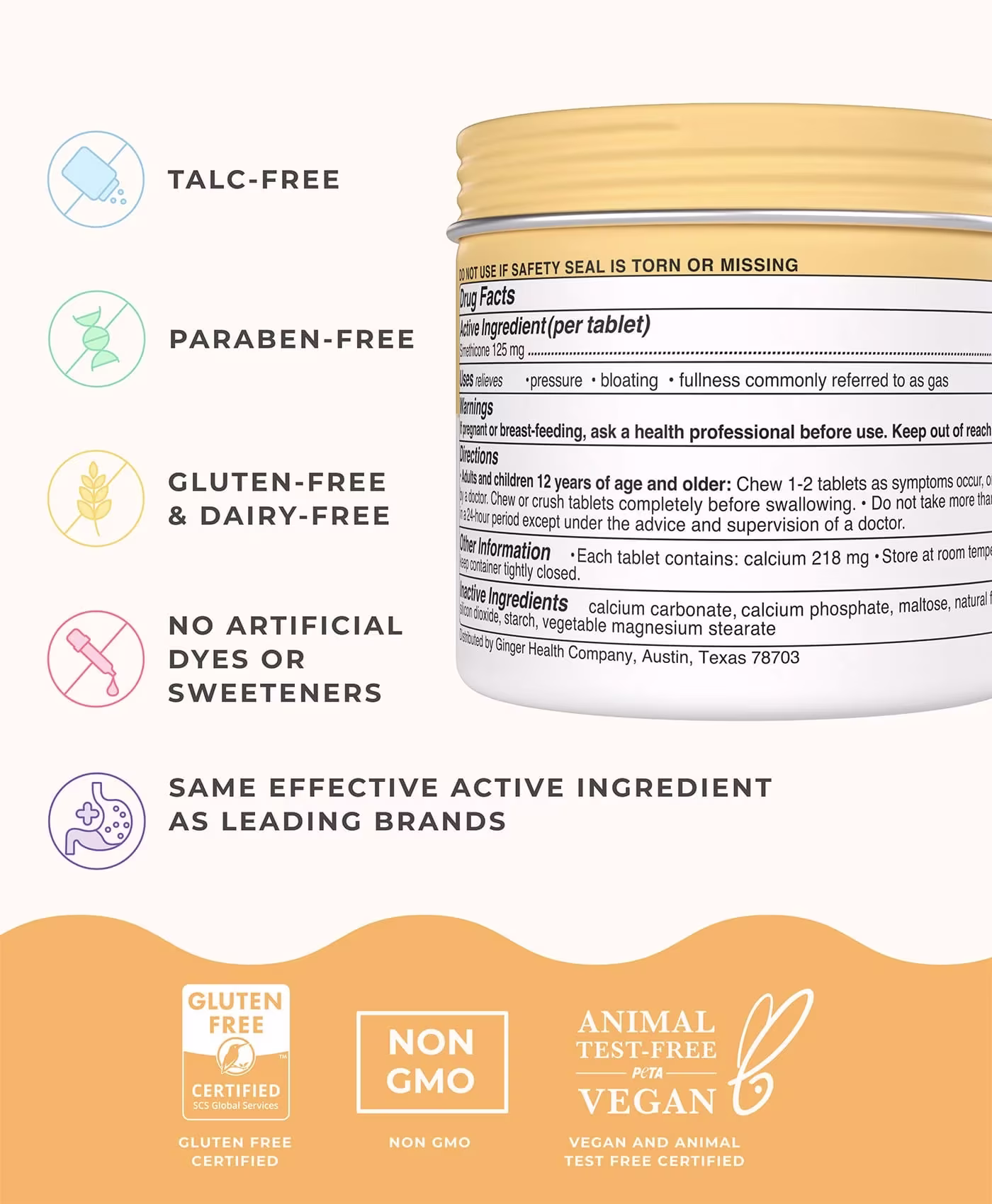 Product information graphic of Wonderbelly bloat and gas relief container with icons and text highlighting talc‑free, paraben‑free, gluten‑free, dairy‑free, no artificial dyes or sweeteners, and certification badges on a yellow and cream background.