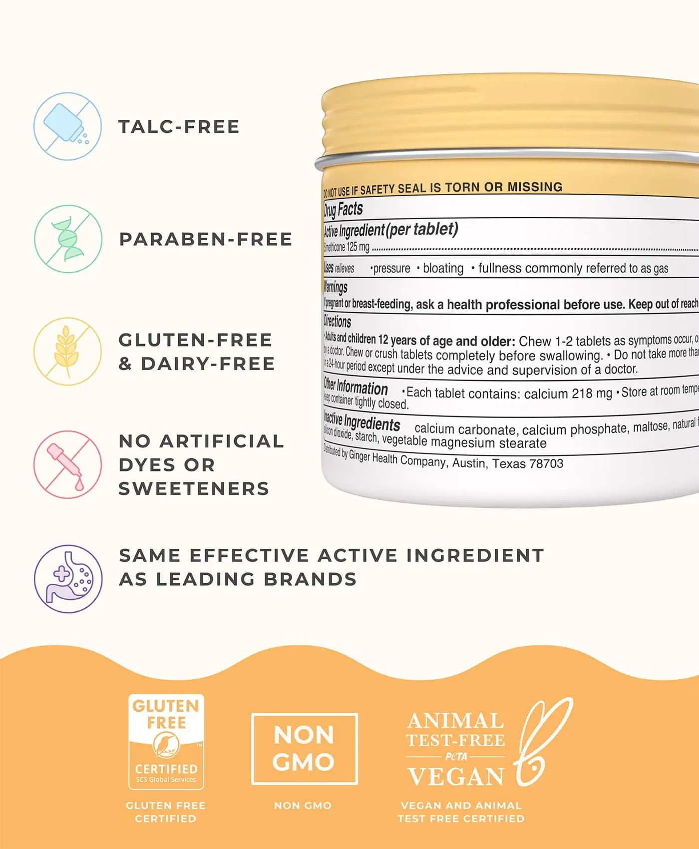 Product information graphic of Wonderbelly bloat and gas relief container with icons and text highlighting talc‑free, paraben‑free, gluten‑free, dairy‑free, no artificial dyes or sweeteners, and certification badges on a yellow and cream background.