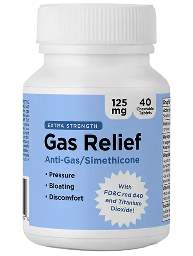 Extra‑strength gas relief medicine in a white bottle with blue label, containing 125 mg simethicone chewable tablets for bloating, pressure, and gas discomfort, labeled “Gas Relief Anti‑Gas/Simethicone,” shown on a white background.