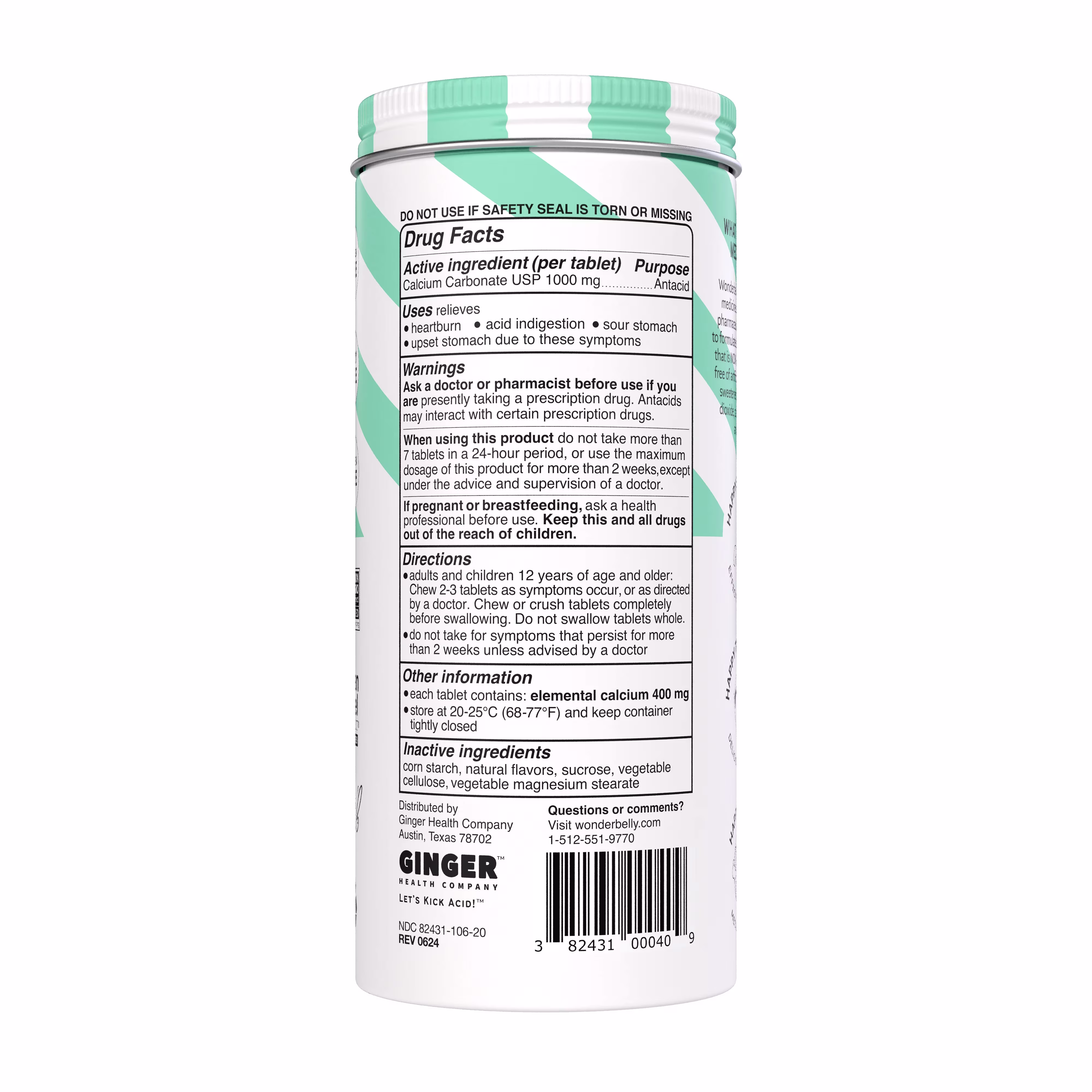 Back view of a Wonderbelly antacid "Sweet Mint" container displaying the Drug Facts label, including active and  inactive ingredients, uses, warnings and directions on a white and green mint‑striped label.