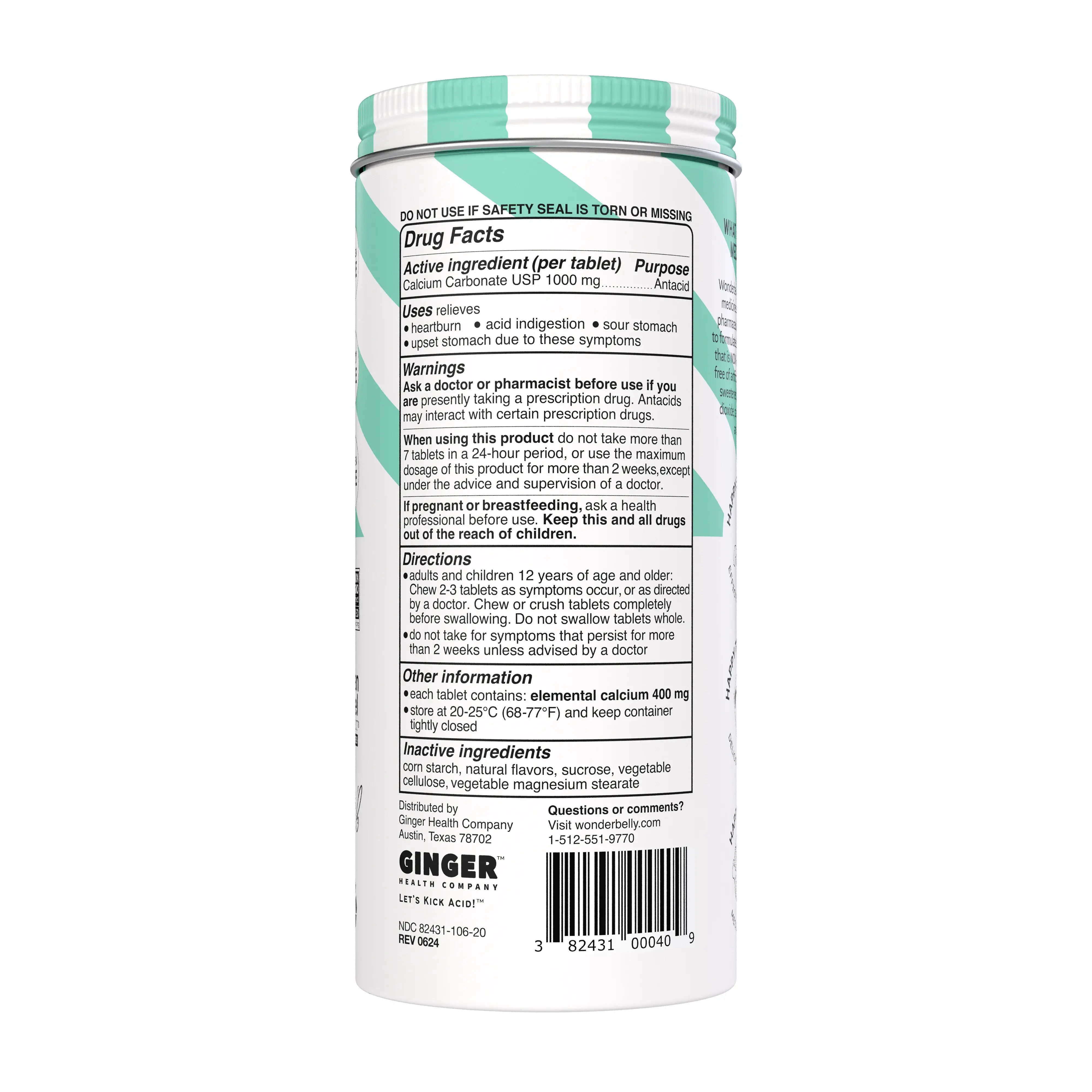 Back view of a Wonderbelly antacid "Sweet Mint" container displaying the Drug Facts label, including active and  inactive ingredients, uses, warnings and directions on a white and green mint‑striped label.