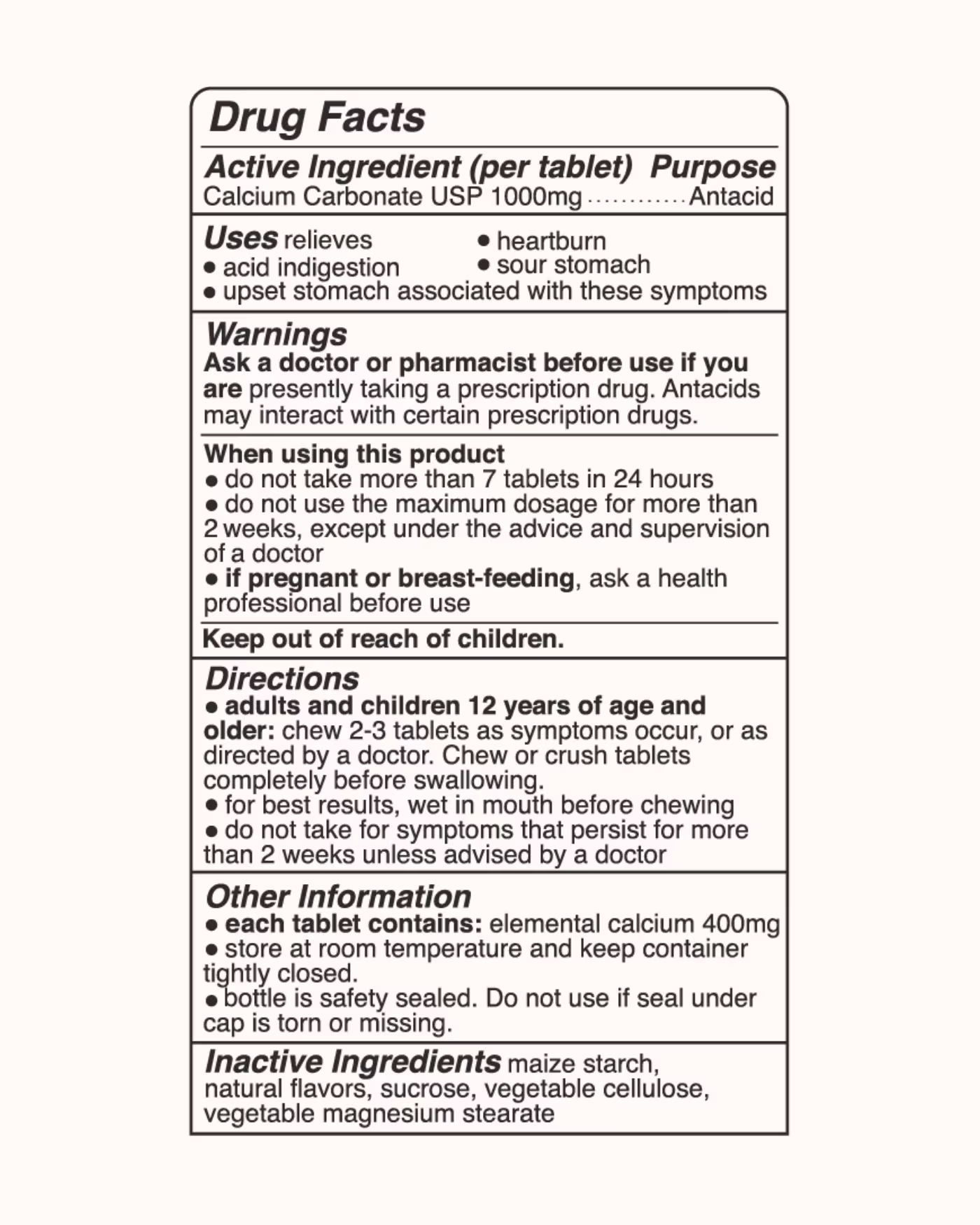 Close‑up image of the Drug Facts label for Wonderbelly antacid, showing calcium carbonate 1000 mg as the active ingredient, directions for use, warnings, uses for heartburn and acid indigestion, and inactive ingredients.