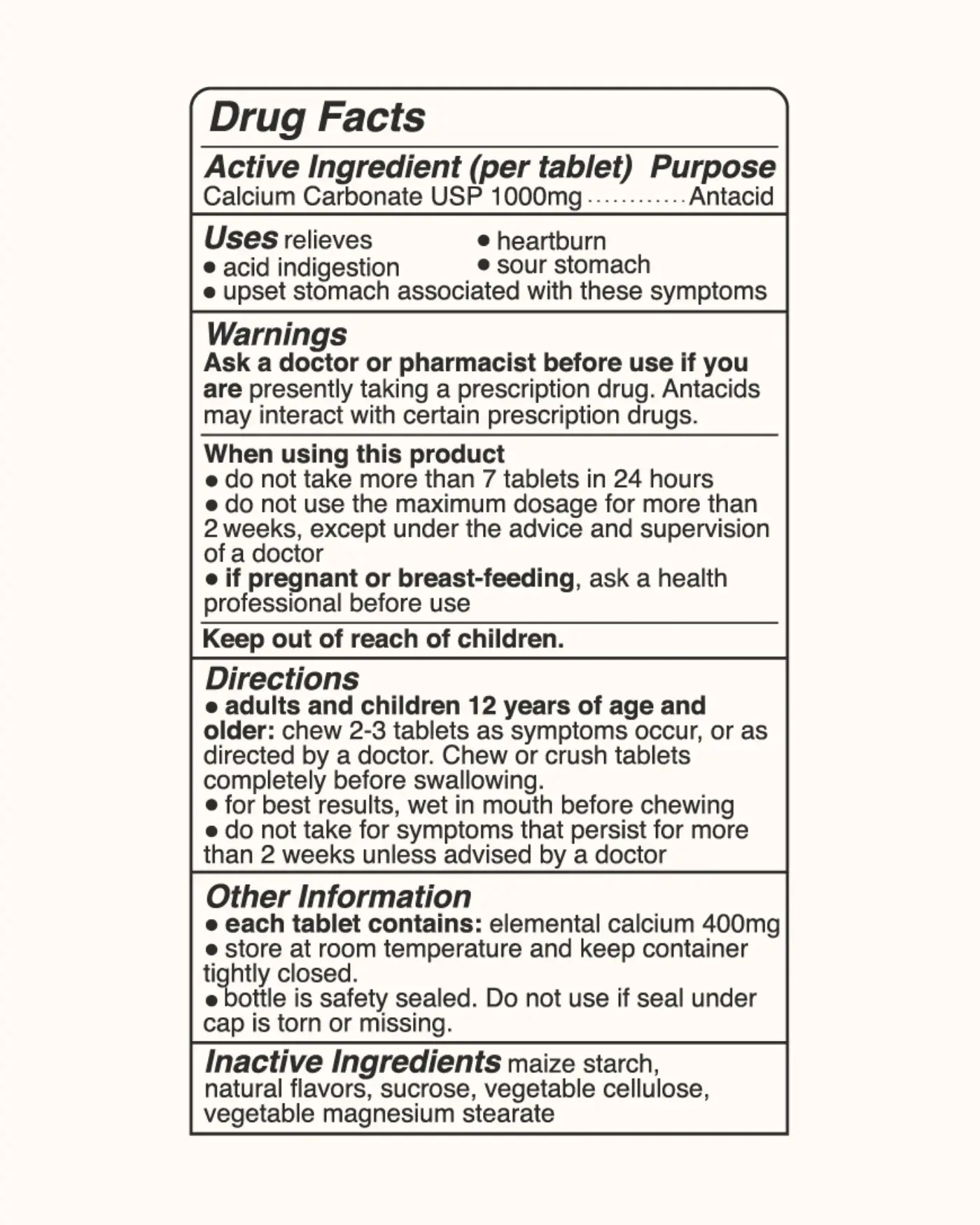 Close‑up image of the Drug Facts label for Wonderbelly antacid, showing calcium carbonate 1000 mg as the active ingredient, directions for use, warnings, uses for heartburn and acid indigestion, and inactive ingredients.