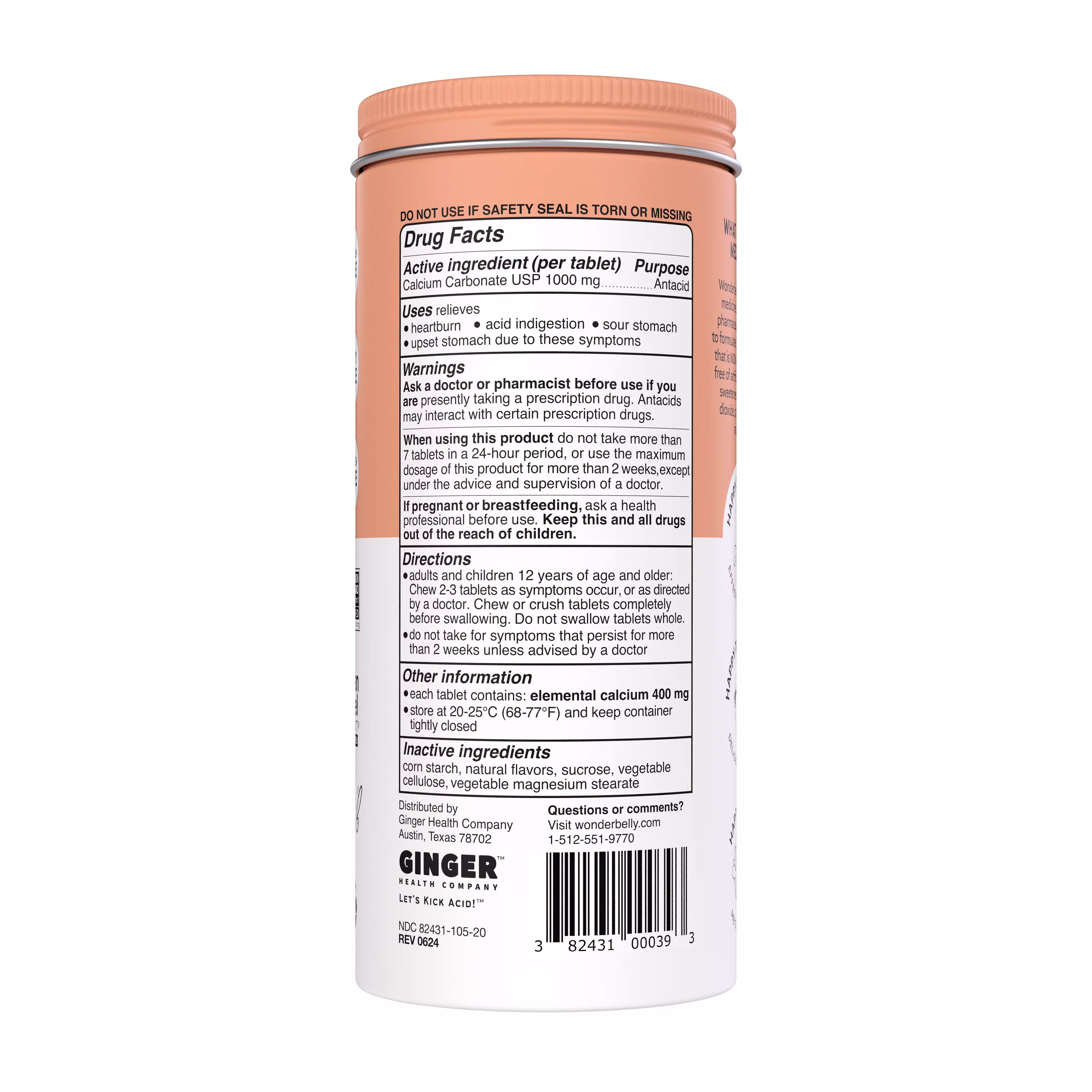 Back view of a Wonderbelly antacid 120ct “Tropical Fruit”container displaying the Drug Facts label, including active & inactive ingredients, uses, warnings and directions on a white and orange label.