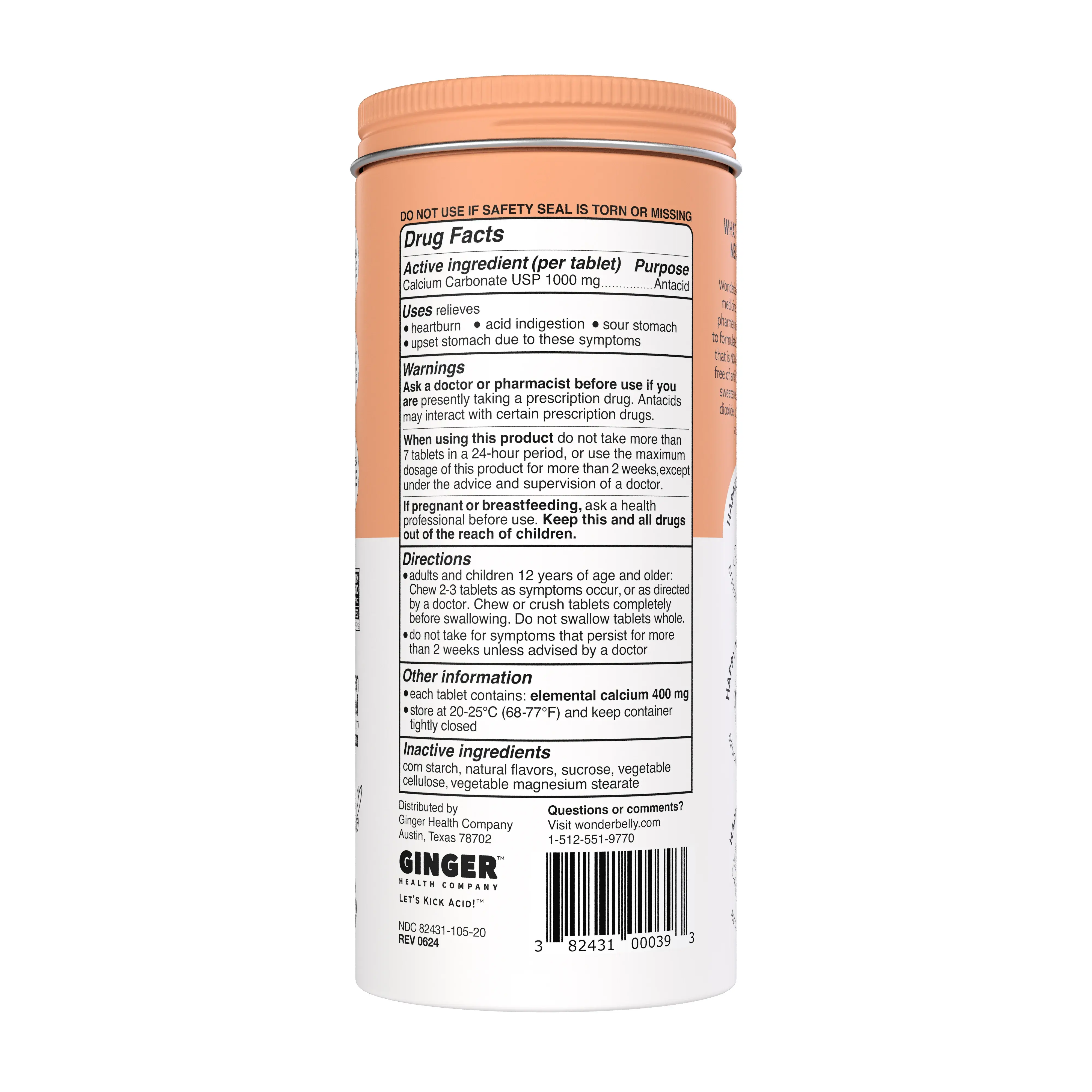Back view of a Wonderbelly antacid 120ct “Tropical Fruit”container displaying the Drug Facts label, including active & inactive ingredients, uses, warnings and directions on a white and orange label.