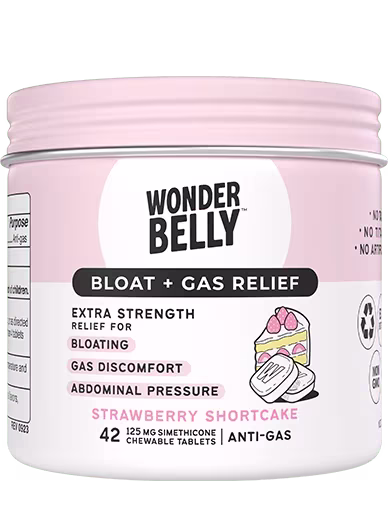 Wonderbelly bloat and gas relief jar labeled “Strawberry Shortcake,” featuring extra‑strength simethicone chewable tablets for gas discomfort and abdominal pressure, shown isolated on a plain background.