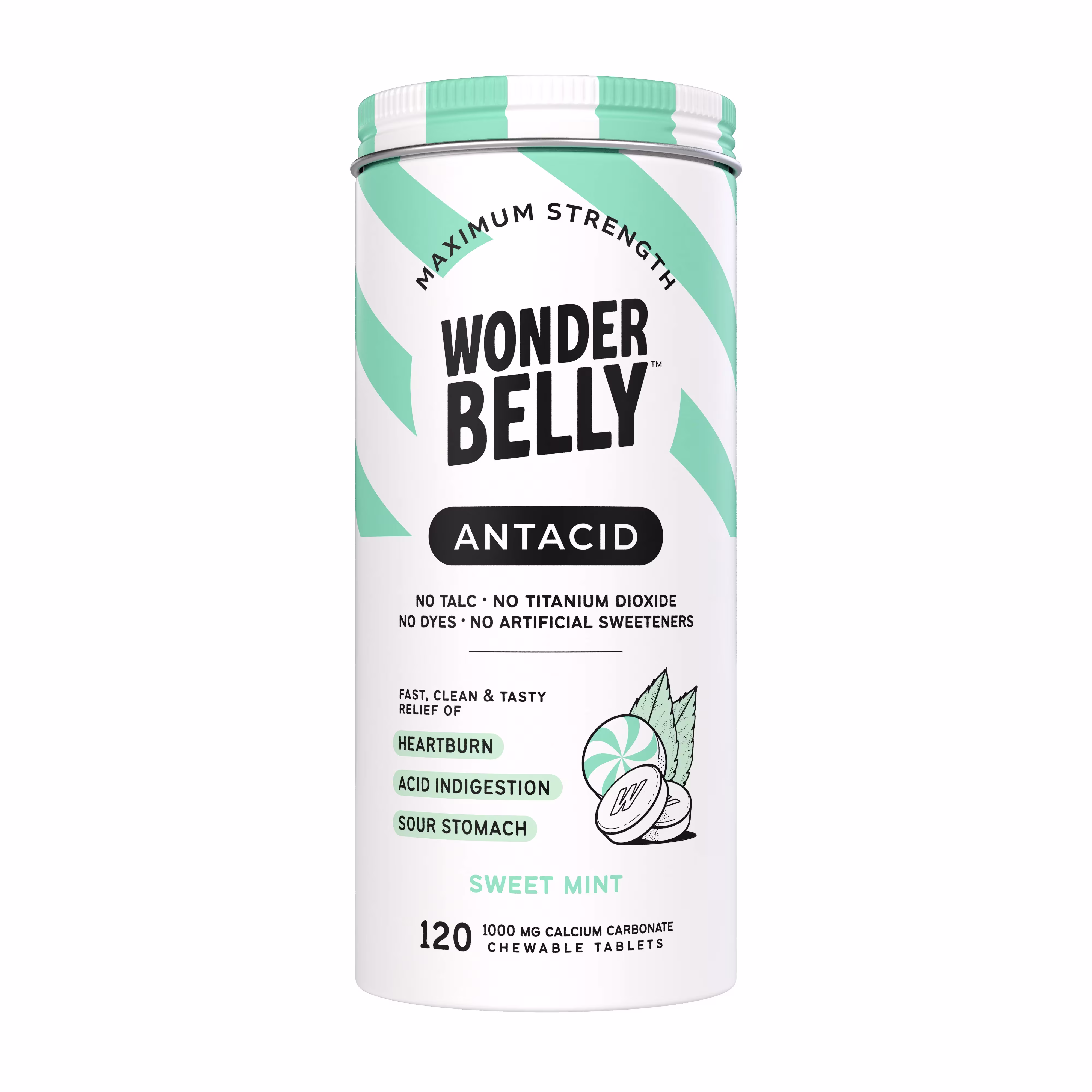Wonderbelly maximum strength antacid bottle labeled “Sweet Mint,” listing fast, clean, and tasty relief for heartburn, acid indigestion, and sour stomach, with mint candy and chewable tablet illustrations on a white background.