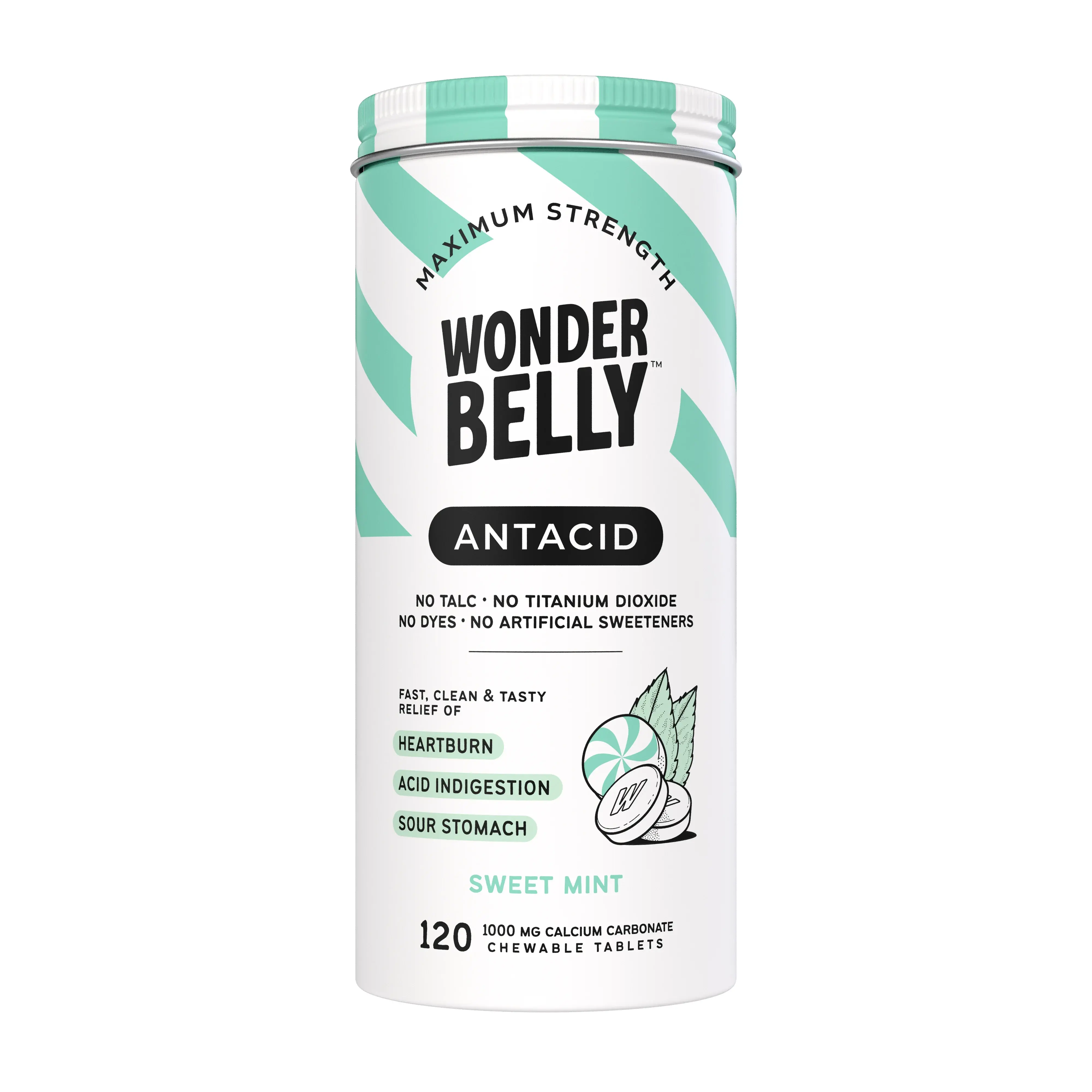 Wonderbelly maximum strength antacid bottle labeled “Sweet Mint,” listing fast, clean, and tasty relief for heartburn, acid indigestion, and sour stomach, with mint candy and chewable tablet illustrations on a white background.
