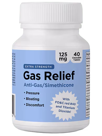 Extra‑strength gas relief medicine in a white bottle with blue label, containing 125 mg simethicone chewable tablets for bloating, pressure, and gas discomfort, labeled “Gas Relief Anti‑Gas/Simethicone,” shown on a white background.